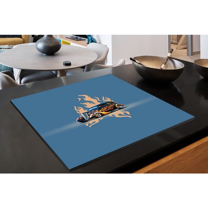 MuchoWow Herdblende-/Abdeckplatte Auto - Oldtimer - Blau - Flammen Vinyl (1 tlg) Ceranfeldabdeckung Arbeitsplatte für küche XB10772
