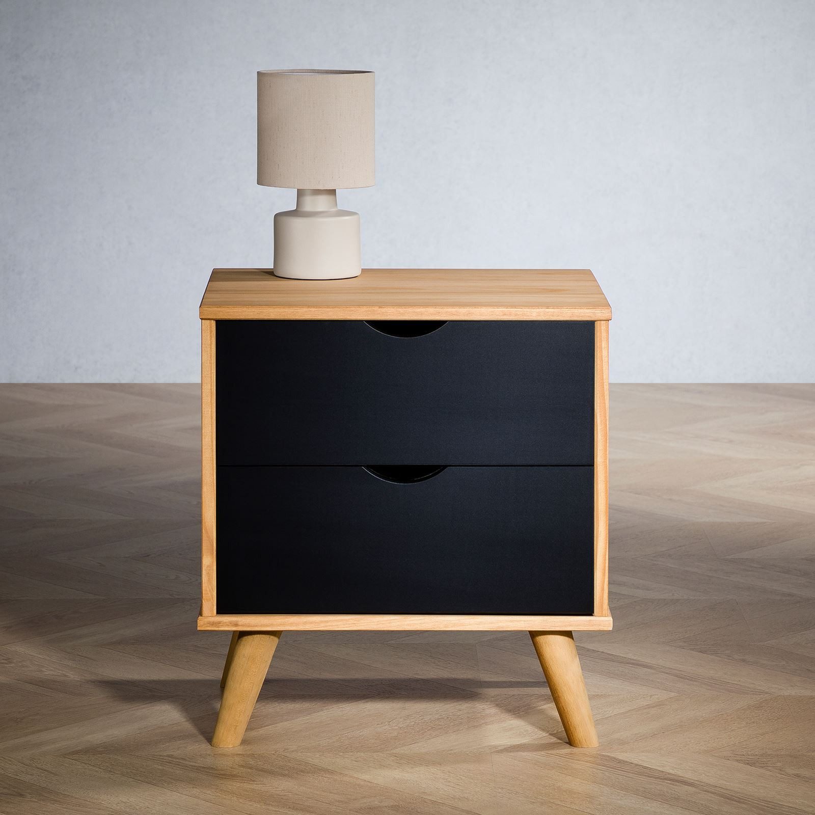 IDIMEX Nachtkommode COLIMA, Nachttich mit 2 Schubladen, Kiefer Massivholz skandi schwarz/vintage