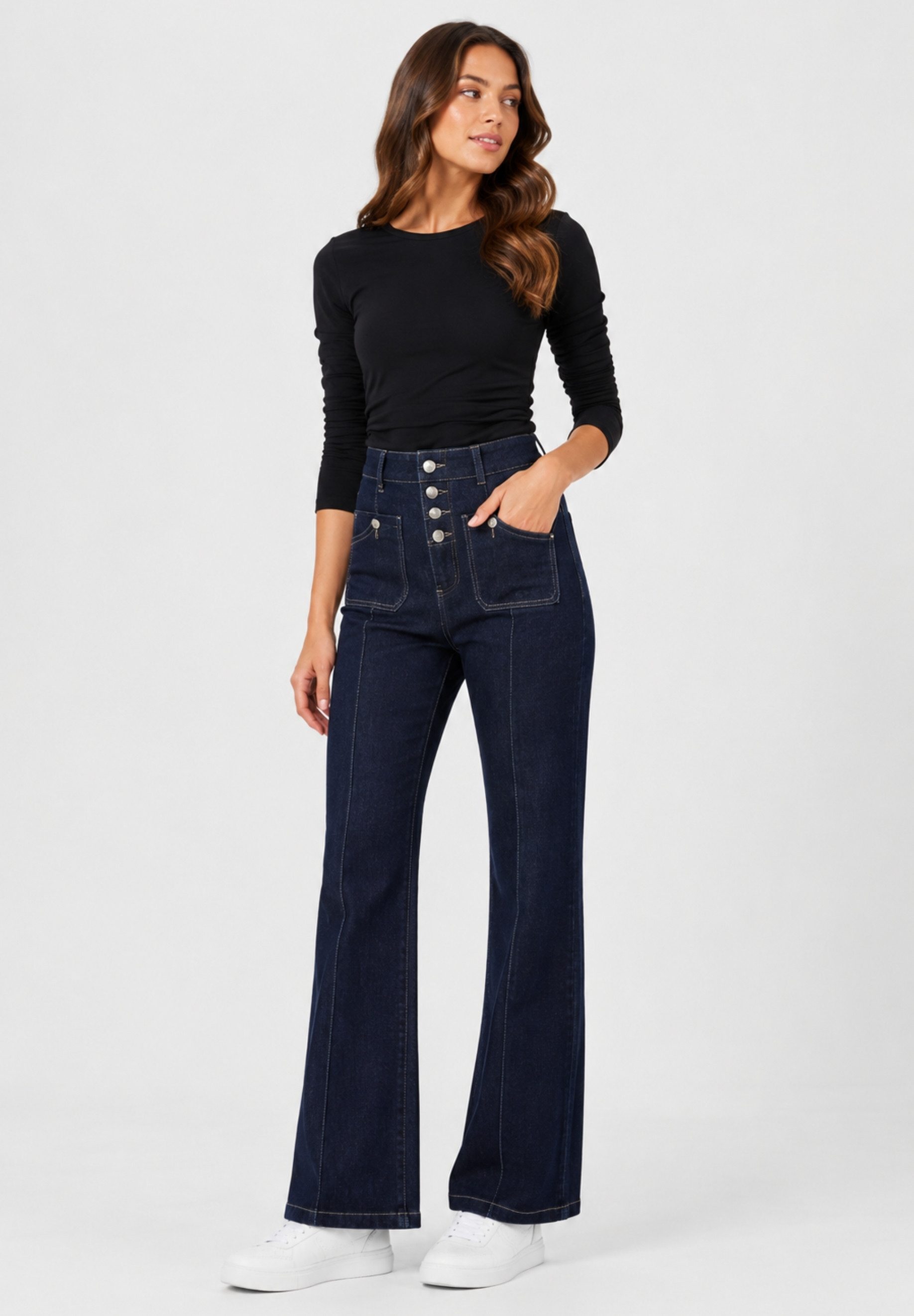 GIRL VIVI Straight-Jeans Damen High-Waist Flared Jeans mit Knopfleiste und Fronttaschen
