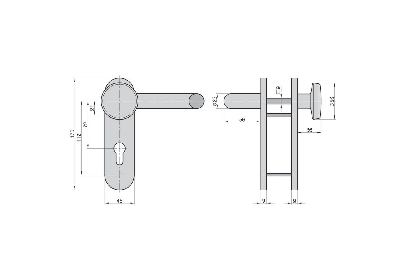 Thumbnail - BASI Türbeschlag Wechsel-Garnitur (Packung), Feuerschutzbeschlag PZ 72/9 mm, Aluminium F1, Türstärken 44 - 66 mm
