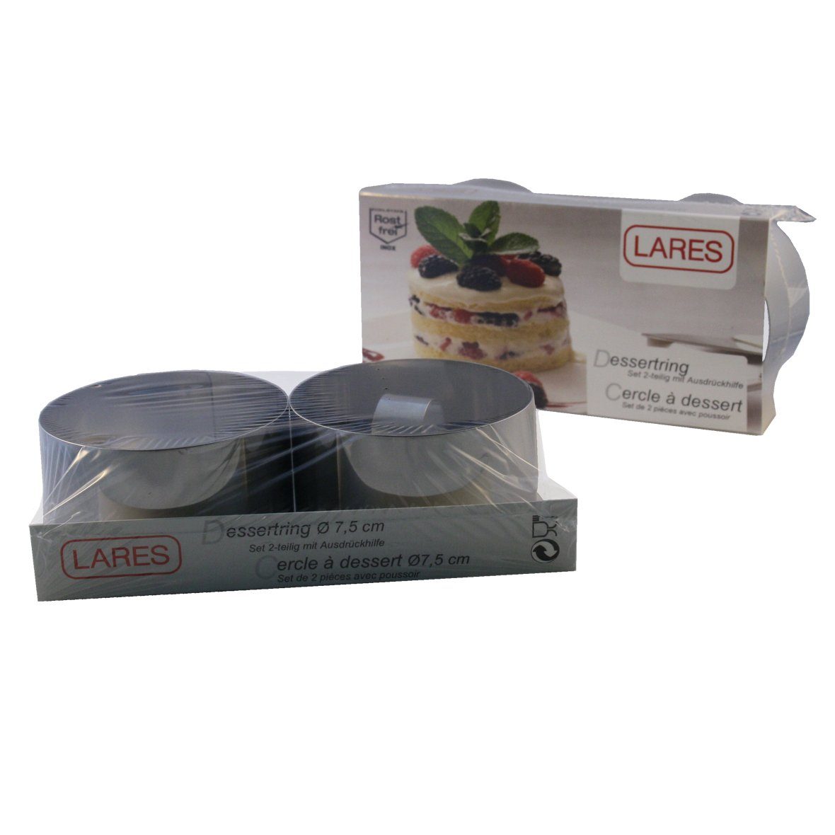 LARES Ausstechform 2er Set Dessertringe - aus Edelstahl - Ø 7,5cm - spülmaschinengeeignet, Edelstahl, spülmaschinengeeignet - mit Ausdrückhilfe - Made in Germany