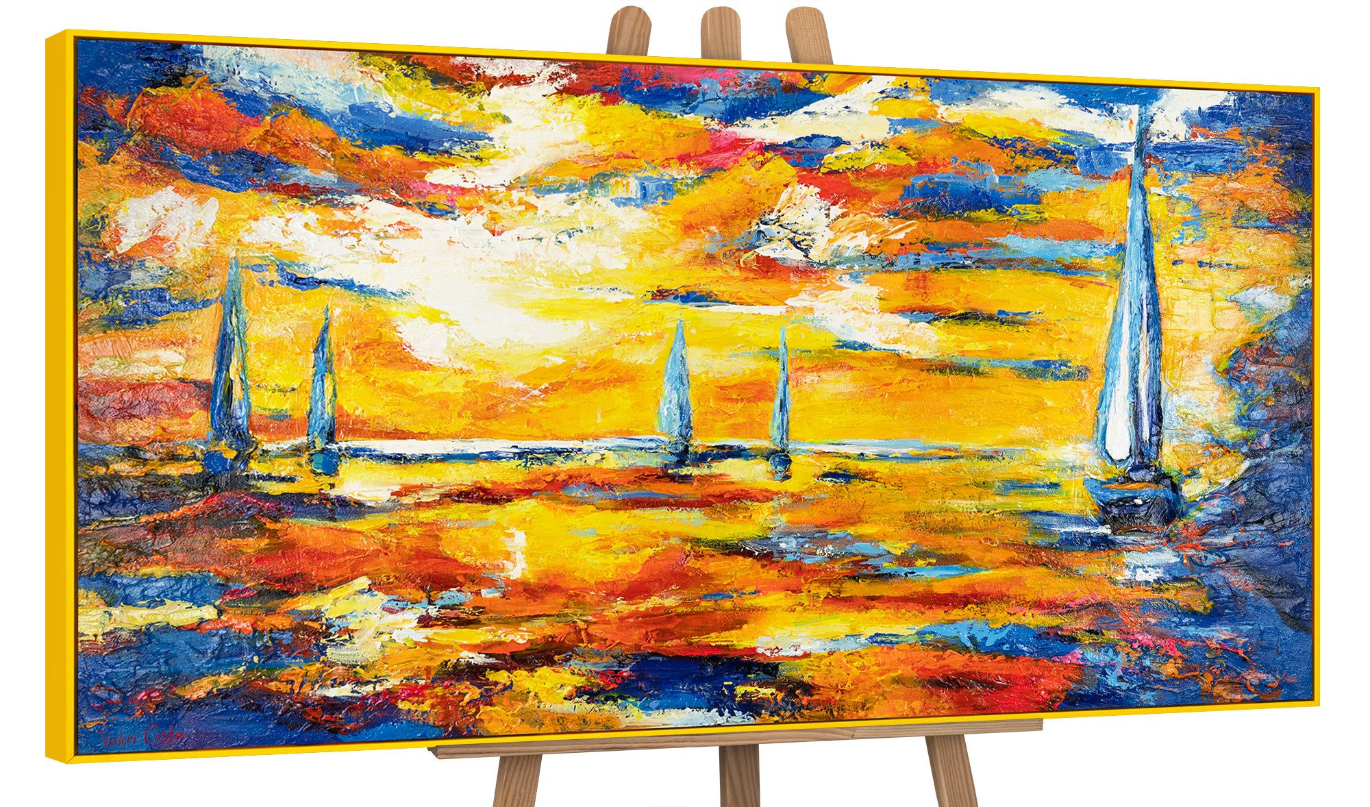 YS-Art Gemälde Meer Mirage, Landschaft, Segelboote am Meer, Leinwandbild gerahmt in Bunt