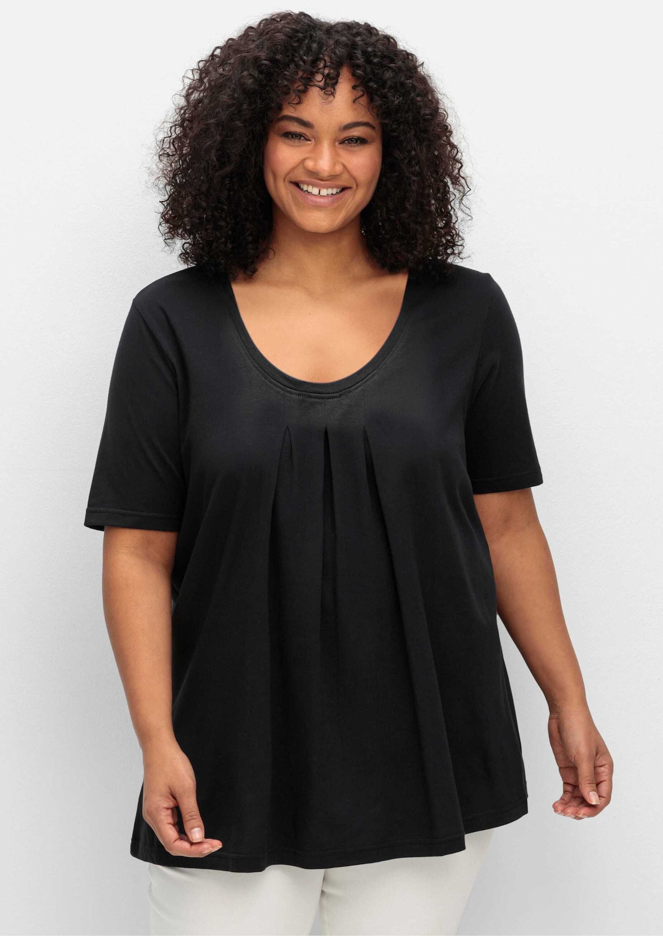 Sheego T-Shirt T-Shirt Kurzarm in A-Linie, mit Kellerfalten am Ausschnitt günstig online kaufen