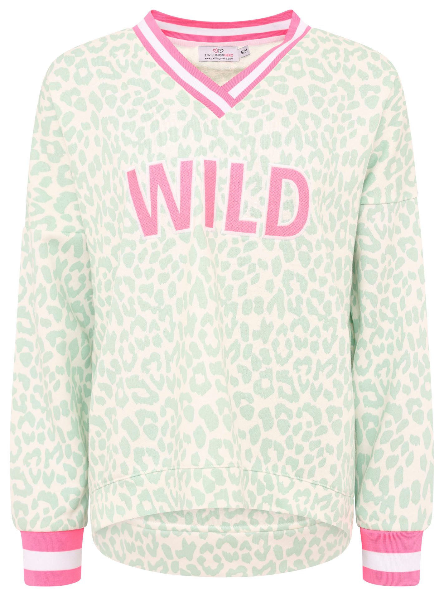 Zwillingsherz Sweatshirt "Leo Pastell" mit V-Ausschnitt, gestreiften Bündchen und WILD Applikation