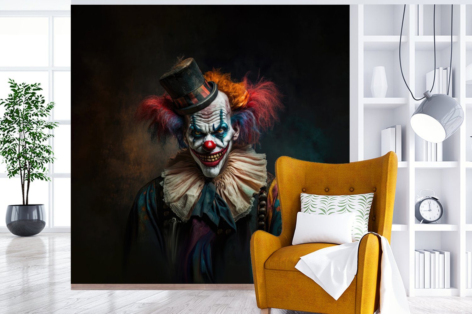 MuchoWow Fototapete Killerclown, Schlafzimmer - - Wohnzimmer - Matt, - für Porträt bedruckt, Hut Küche, St), Vliestapete Fototapete Clown Kragen (4