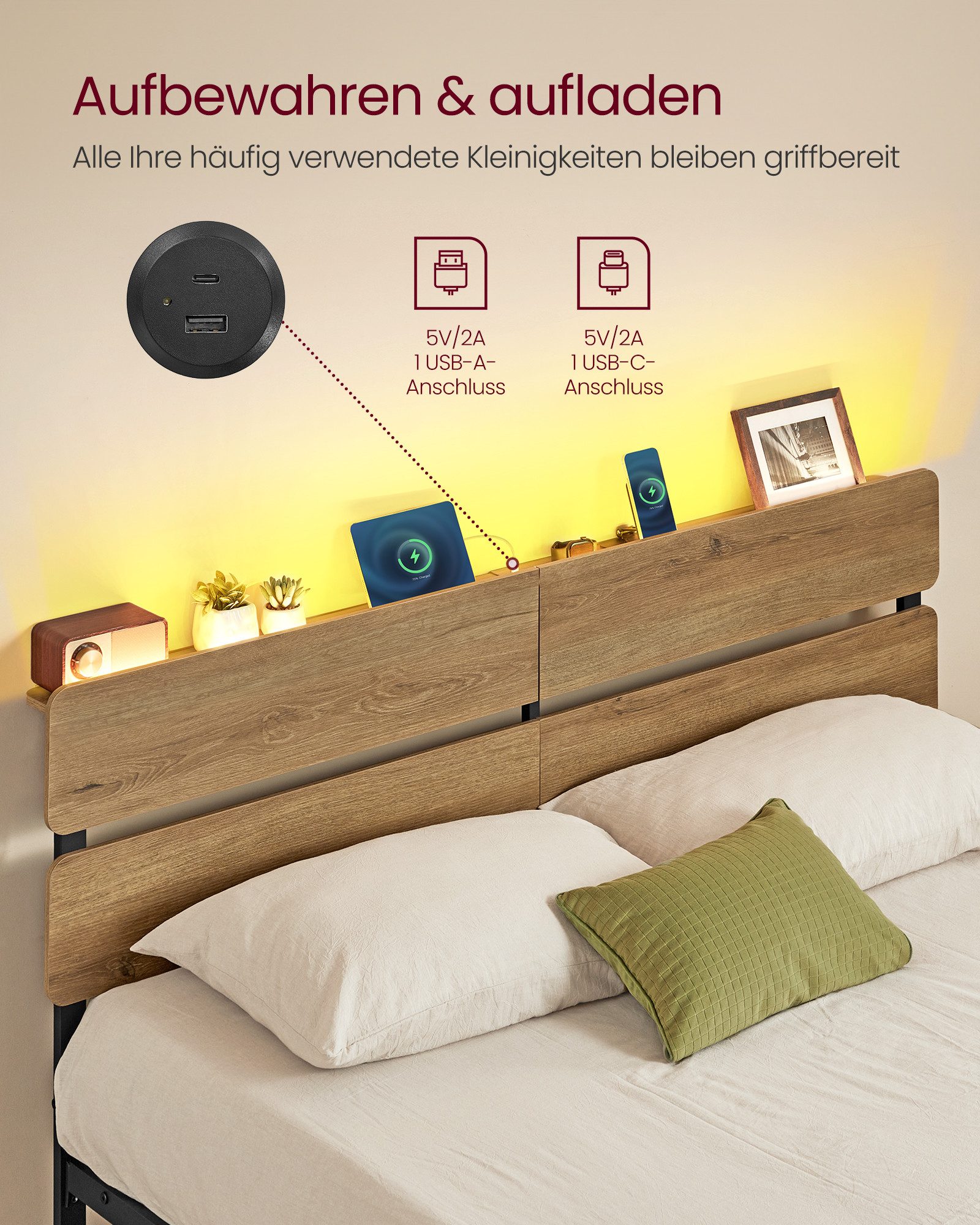 VASAGLE Bettgestell (160 x 200 cm, geräuscharm), Metallrahmen, LED-Beleuchtung, mit 2 Aufladen, reichlich Stauraum