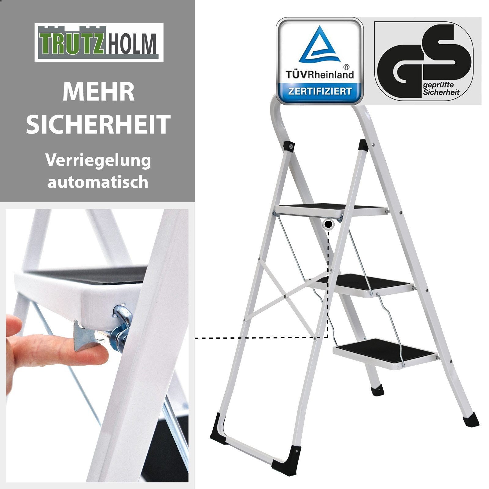 TRUTZHOLM Klapptritt Trittleiter 3-stufig klappbar TÜV/GS 150 kg Trittflächen Klapptritt, Anti-Rutsch – Bild 5 von 5
