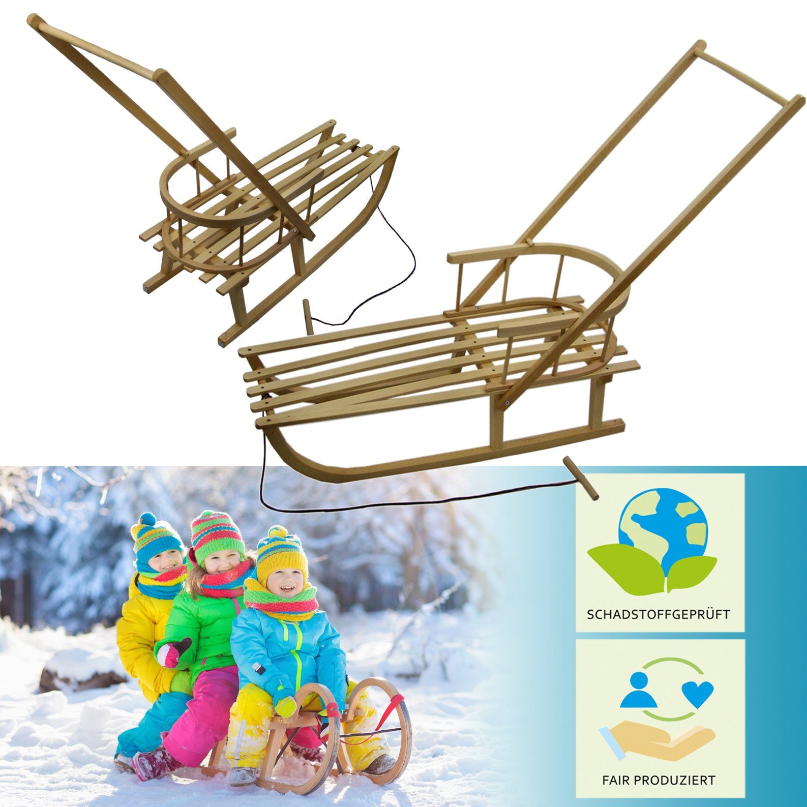 BambiniWelt by Rafael K. Davoser Schlitten Holzschlitten mit Rückenlehne + Schiebestange Kinder Schlitten 90cm