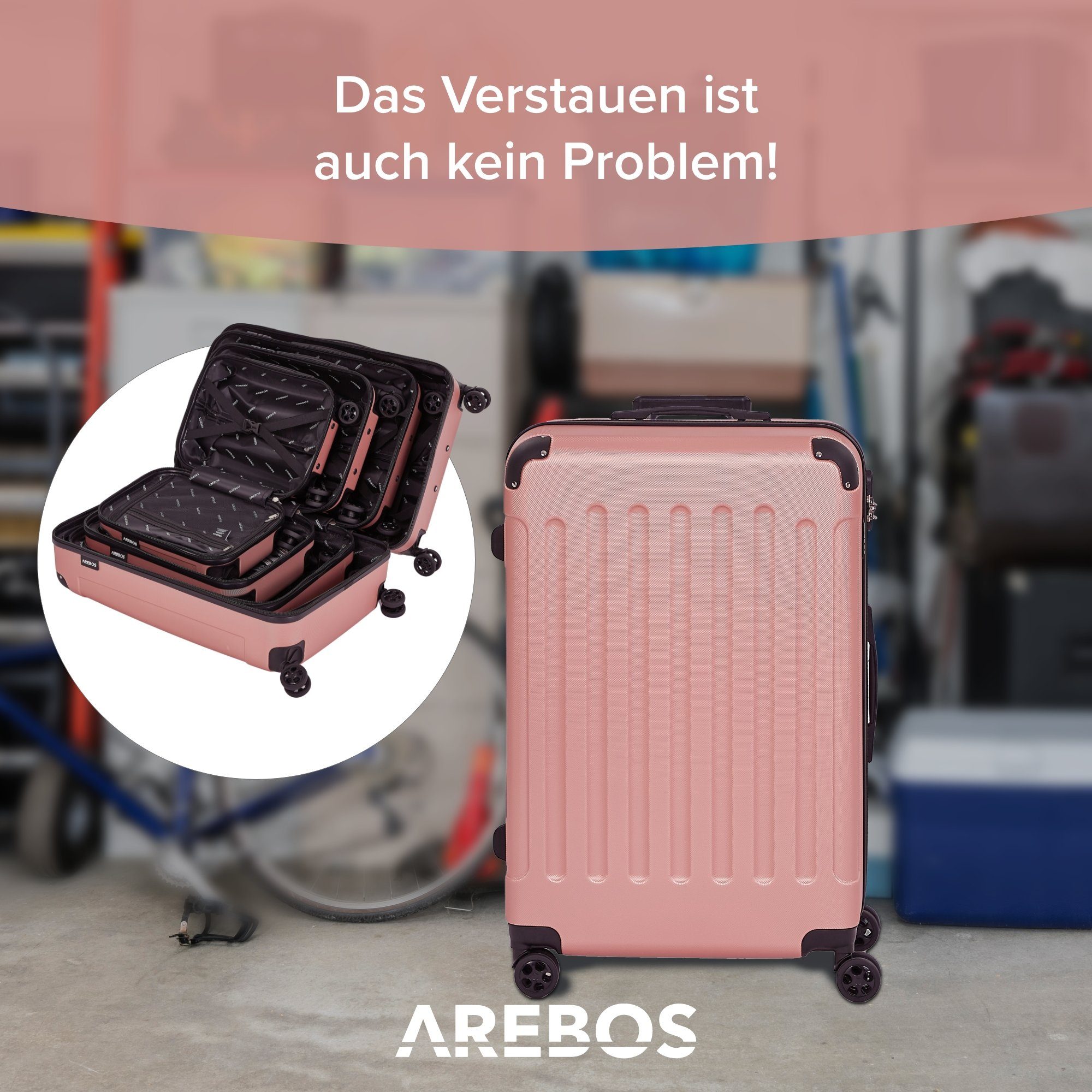 Arebos Kofferset Reisekoffer 4er Set Hartschalen Koffer Trolley S-M-L-XL-Set, 4 Rollen, (Set, Rose Gold), Teleskopstange