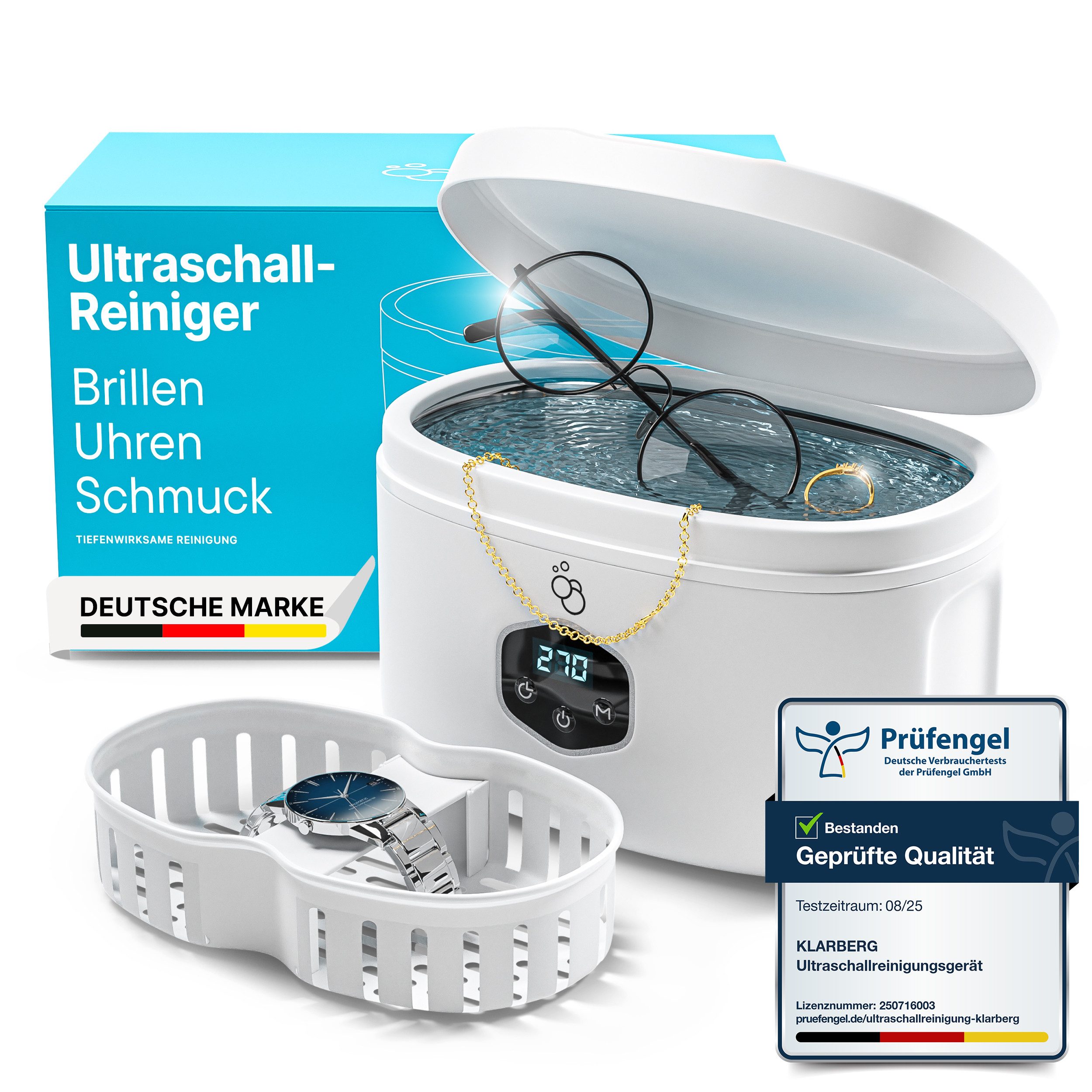 Klarberg Ультразвуковой очиститель Ultraschall Reinigungsgerät Brille, 43kHz, 30W, 600ml Füllmenge perfekt für Brille, Schmuck, Zahnprothese