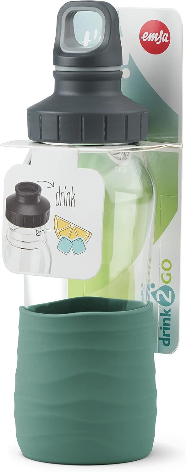 Emsa Trinkflasche EMSA Glas Trinkflasche 0,5L Grün 100% dicht Wasserflasche Sportflasche