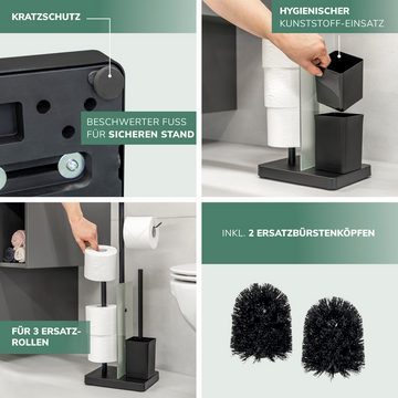 eluno WC-Garnitur 4in1, WC-Bürste, Rollenhalter, Ablage Glas/Metall schwarz