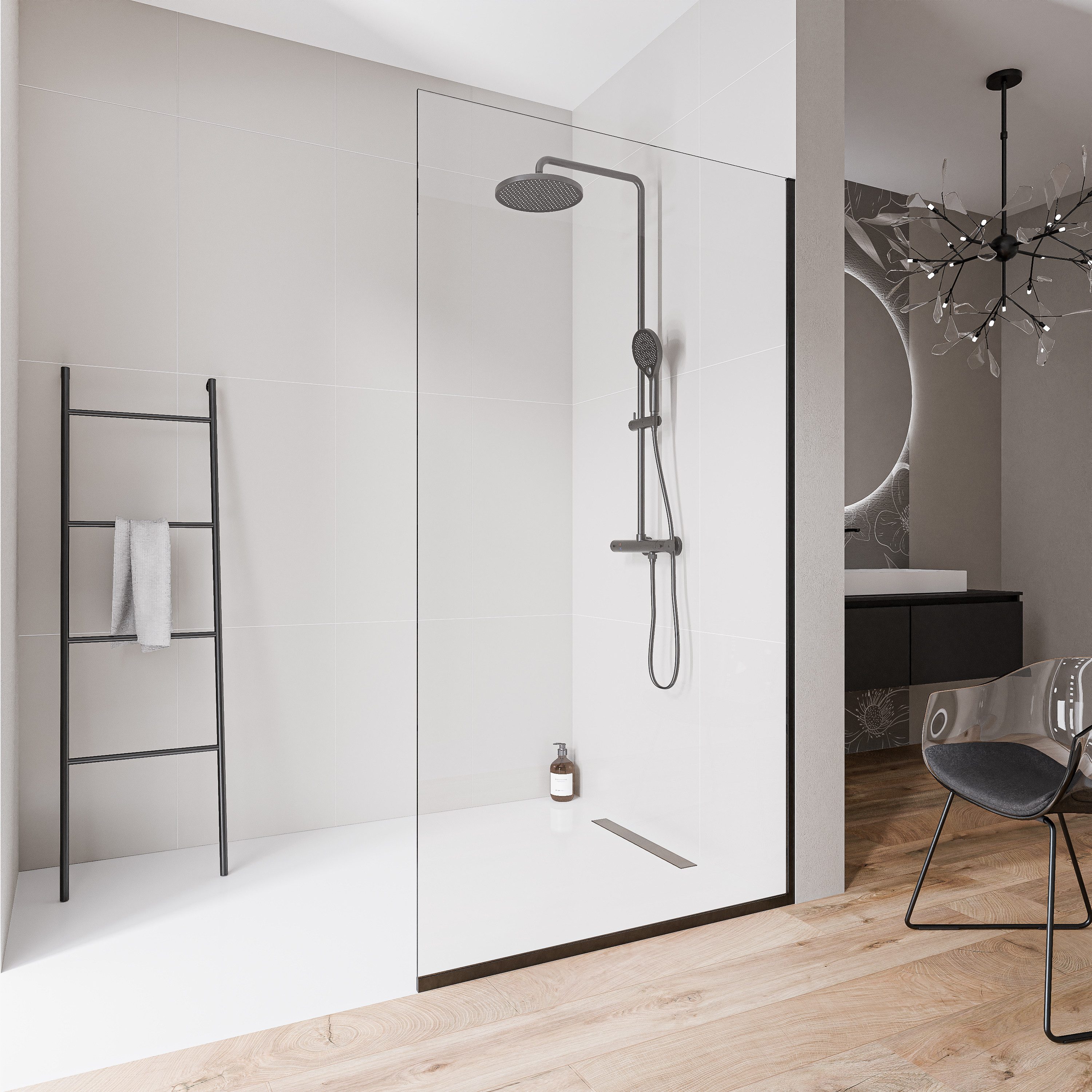 Bernstein Walk-in-Dusche EX102-2 70x220 cm Klarglas Schwarz, ESG Sicherheitsglas, Walk-In Duschwand 220cm hoch 10mm Schwarz mit Bodenprofil