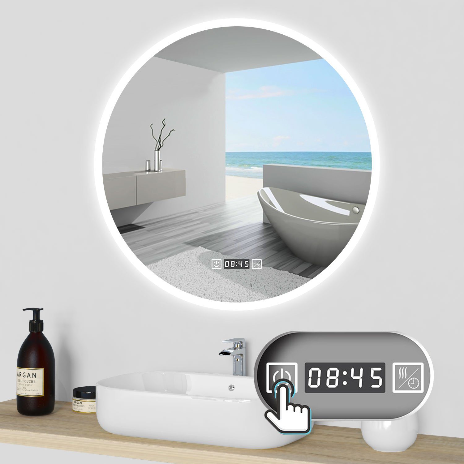 Rund Touch/Wandschalter Badspiegel duschspa Memory, Kalt/Neutral/Warmweiß Wandspiegel + Uhr dimmbar