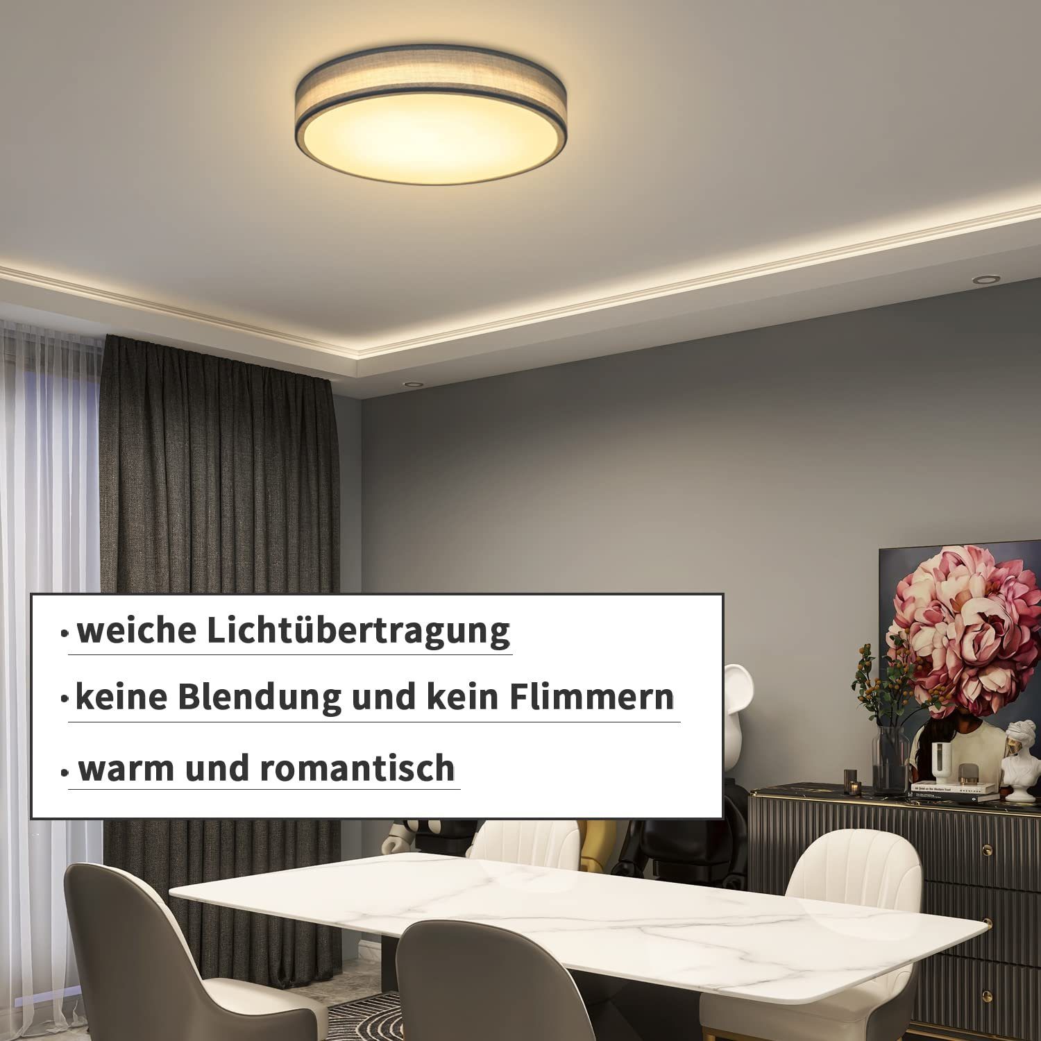 ZMH Warmweiß, Modern Dunkelgrau Ø30CM, LED integriert, fest 3000K Deckenleuchte Stoffschirm 12W Rund LED