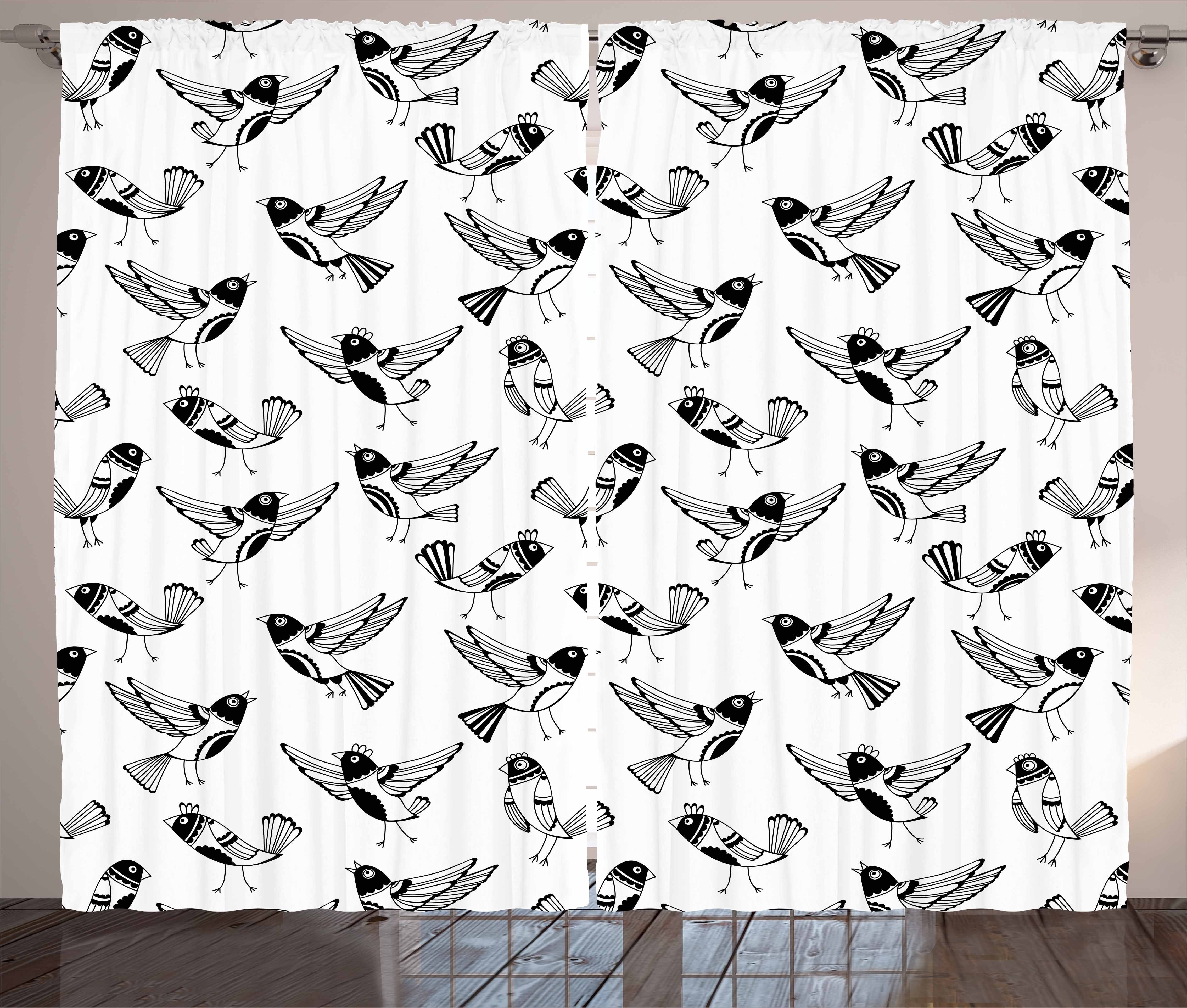 Kräuselband Vögel Haken, Schlafzimmer Cartoon Vorhang Schwarz weiß und und Gardine Abakuhaus, Schlaufen mit