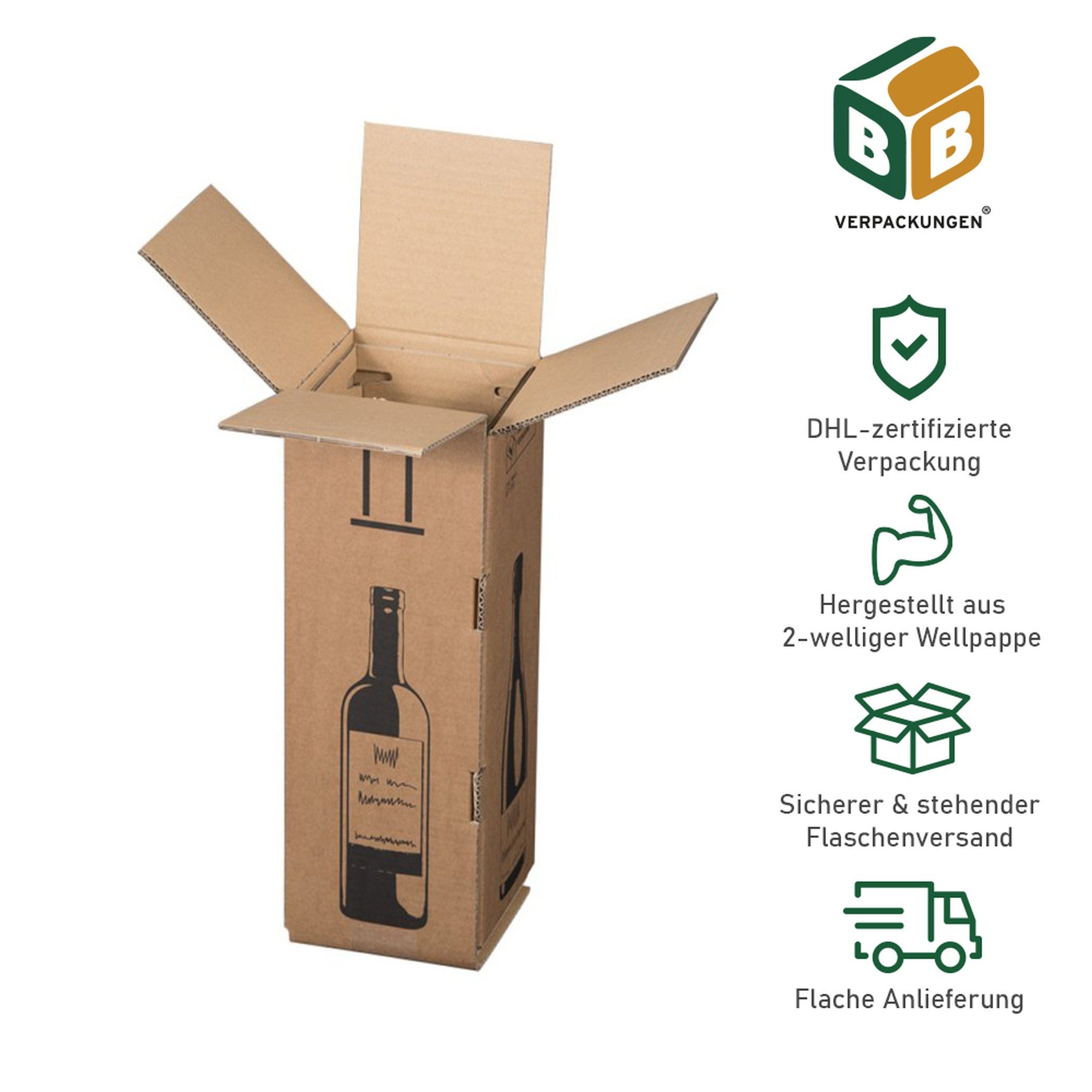BB-Verpackungen Versandkarton Wein/Sekt/Magnum-Flaschenbox 1er, 144 mm x 144 mm x 425 mm, 5 Stück