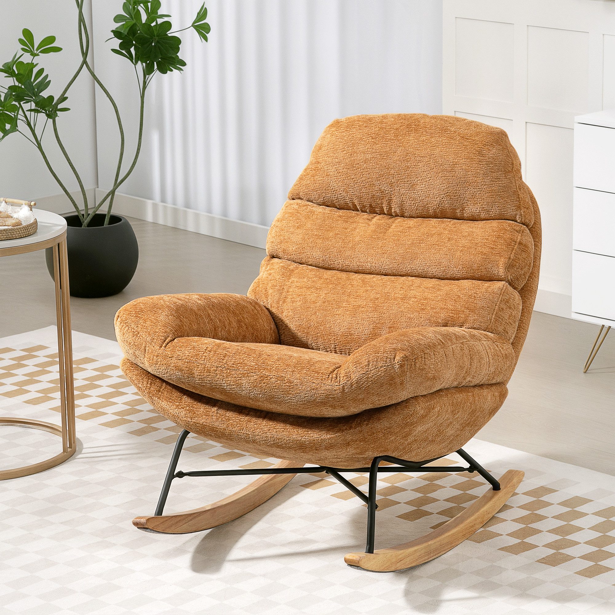HOMCOM Schaukelstuhl Schaukelsessel mit Rückenlehne, gepolstert Relaxsessel Lesesessel (Schwingstuhl, 1 St), für Wohnzimmer, Schlafzimmer, Gelb
