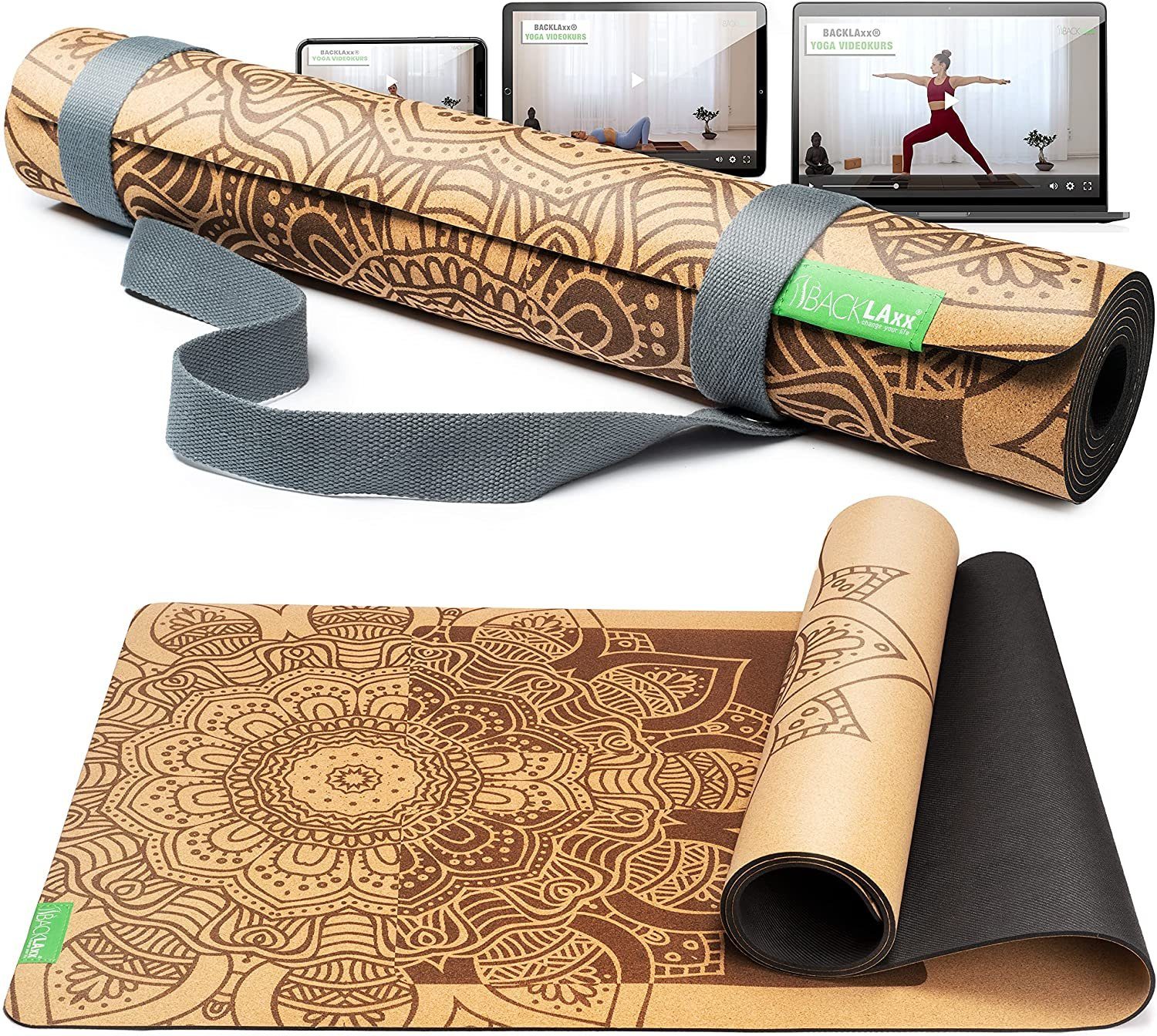 BACKLAxx® Yogamatte aus hochwertigem Kork, Gymnastikmatte 183 x 61 x 0,6 cm (Fitnessmatte aus Kork, inkl. Tragegurt & Videokurs), 4 mm stark, aus natürlichen Rohstoffen, mit Antirutschzonen