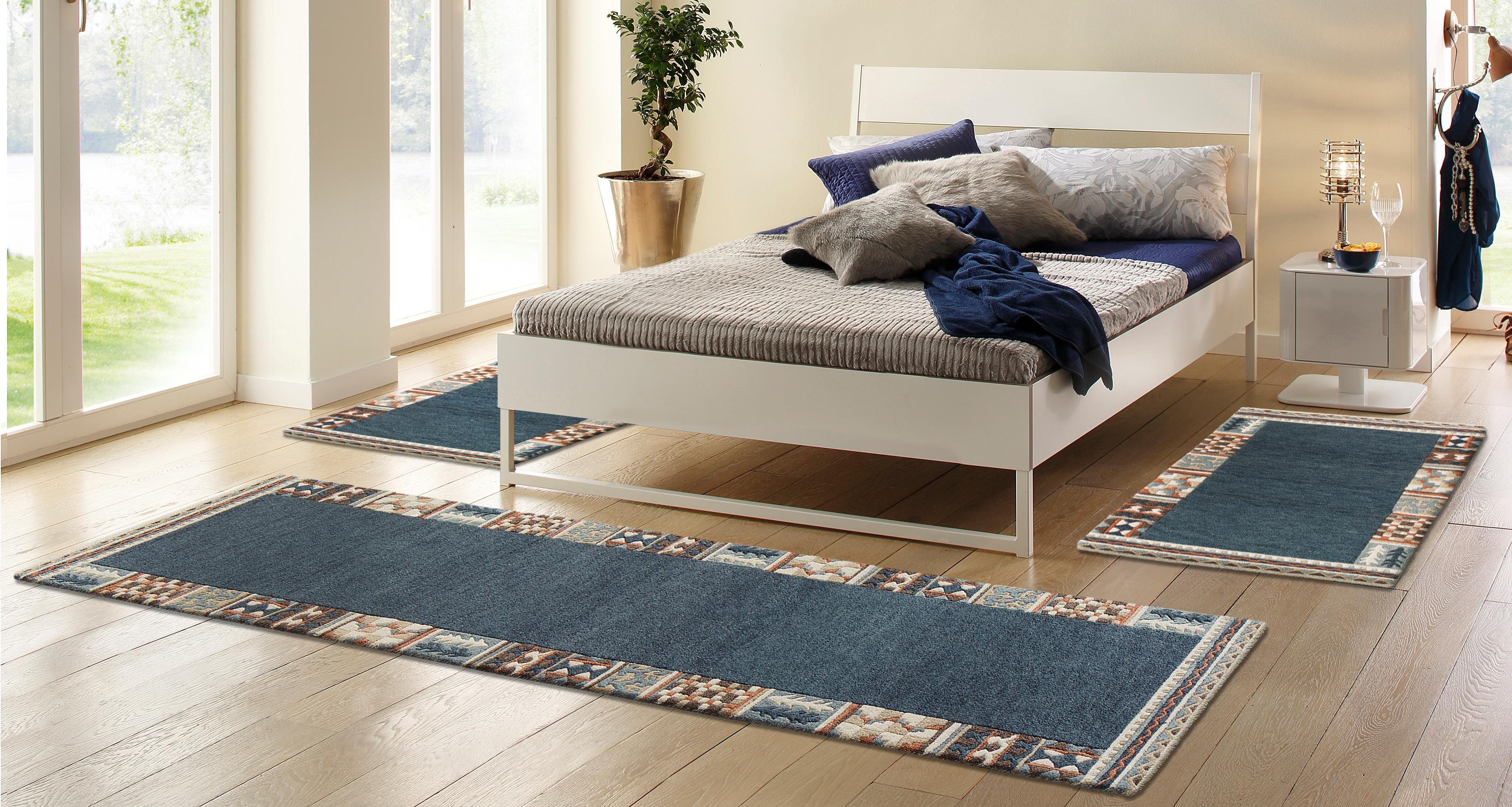 THEKO Bettumrandung Nuno, handgearbeitet, mit Bordüre, Höhe 14 mm, (3-tlg), Bettvorleger, reine Wolle, handgetuftet, Läufer-Set, Schlafzimmer
