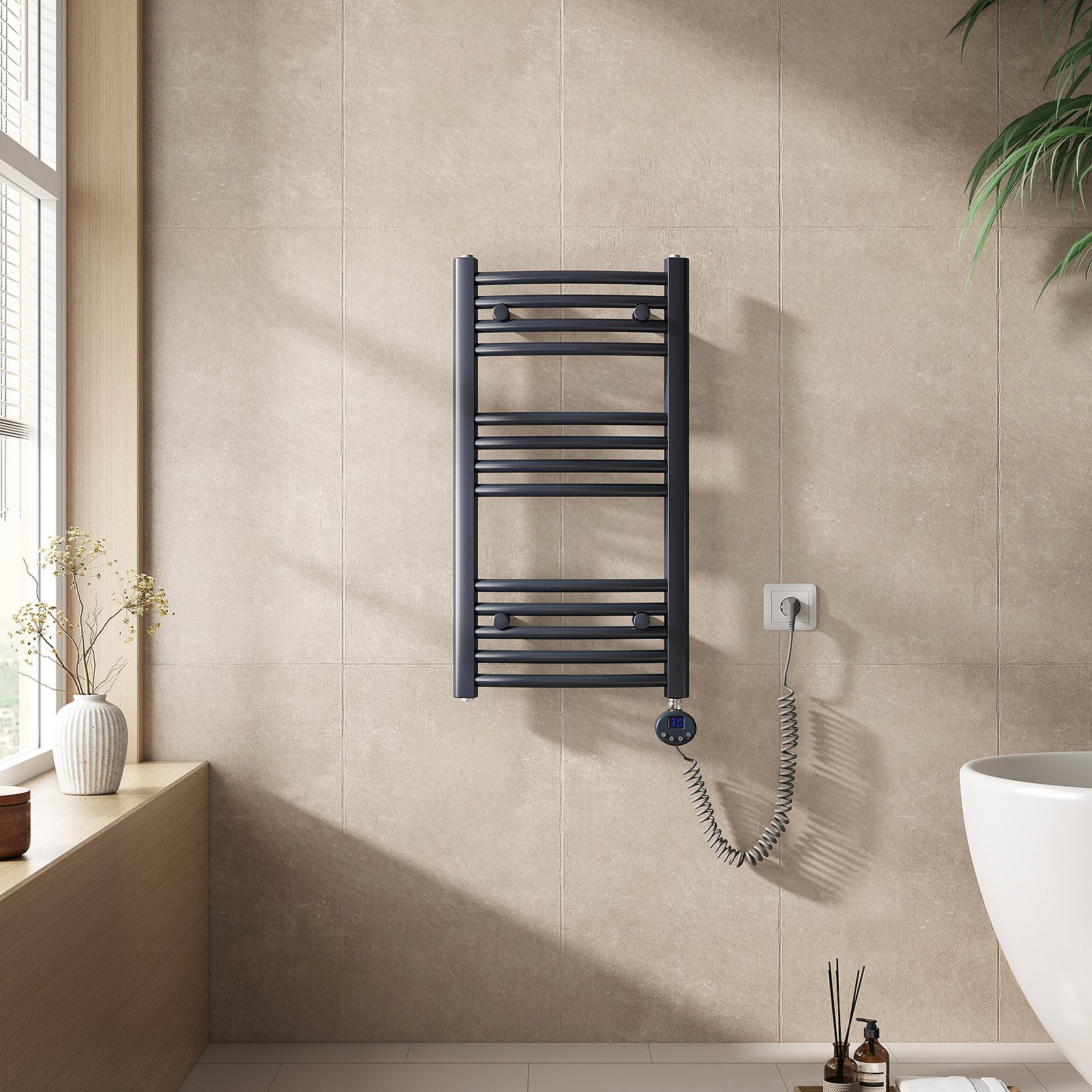EMKE Elektrischer Badheizkörper Gebogen mit Thermostat Höhe: 75cm, 300W, Ha günstig online kaufen