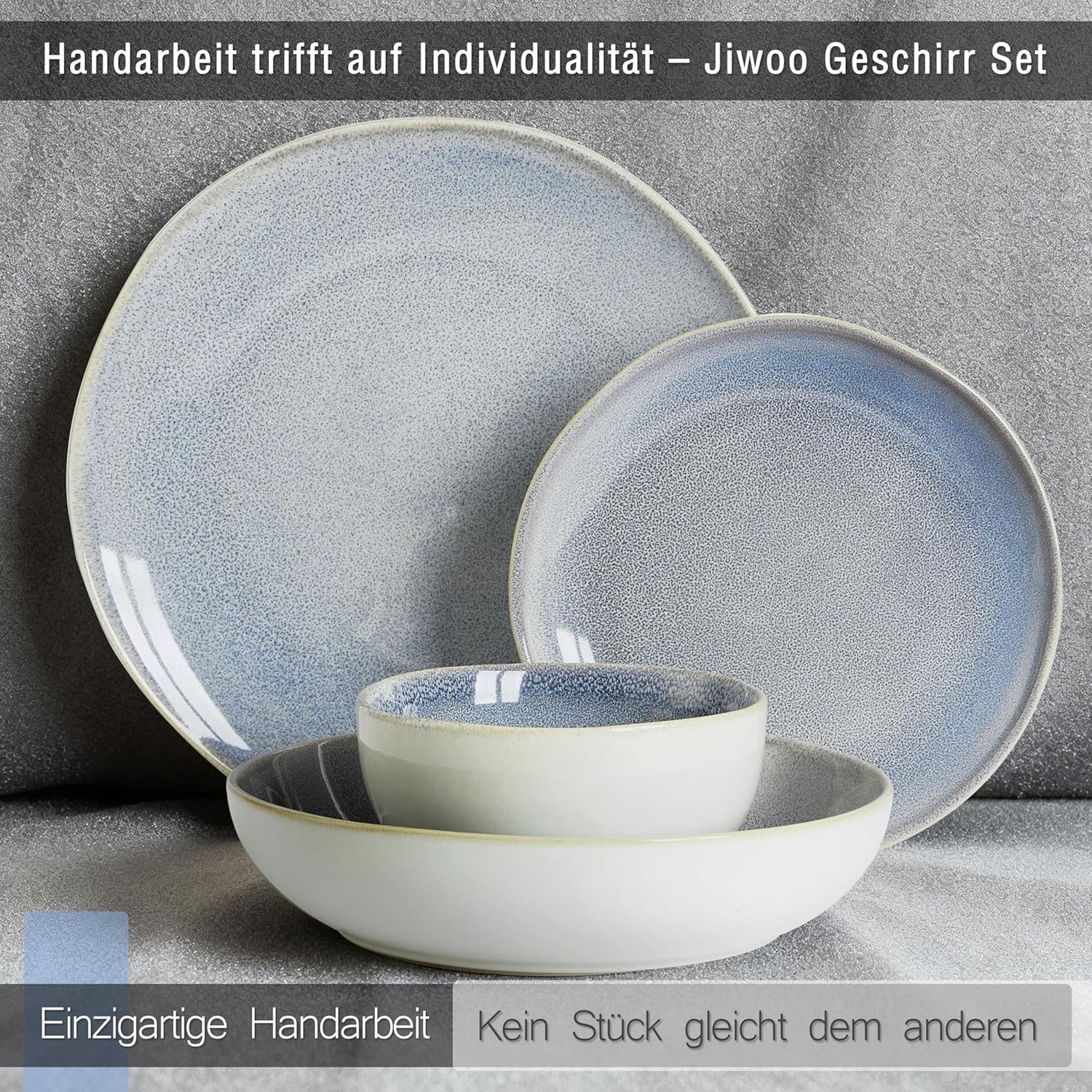 JIWOO Geschirr-Set 16er Kombiservice Teller-Set Tafelservice Schüssel-Set Speiseteller (16-tlg), 4 Personen, Keramik, Hochwertiges Geschirr set Blau Mikrowellen – Bild 3 von 5
