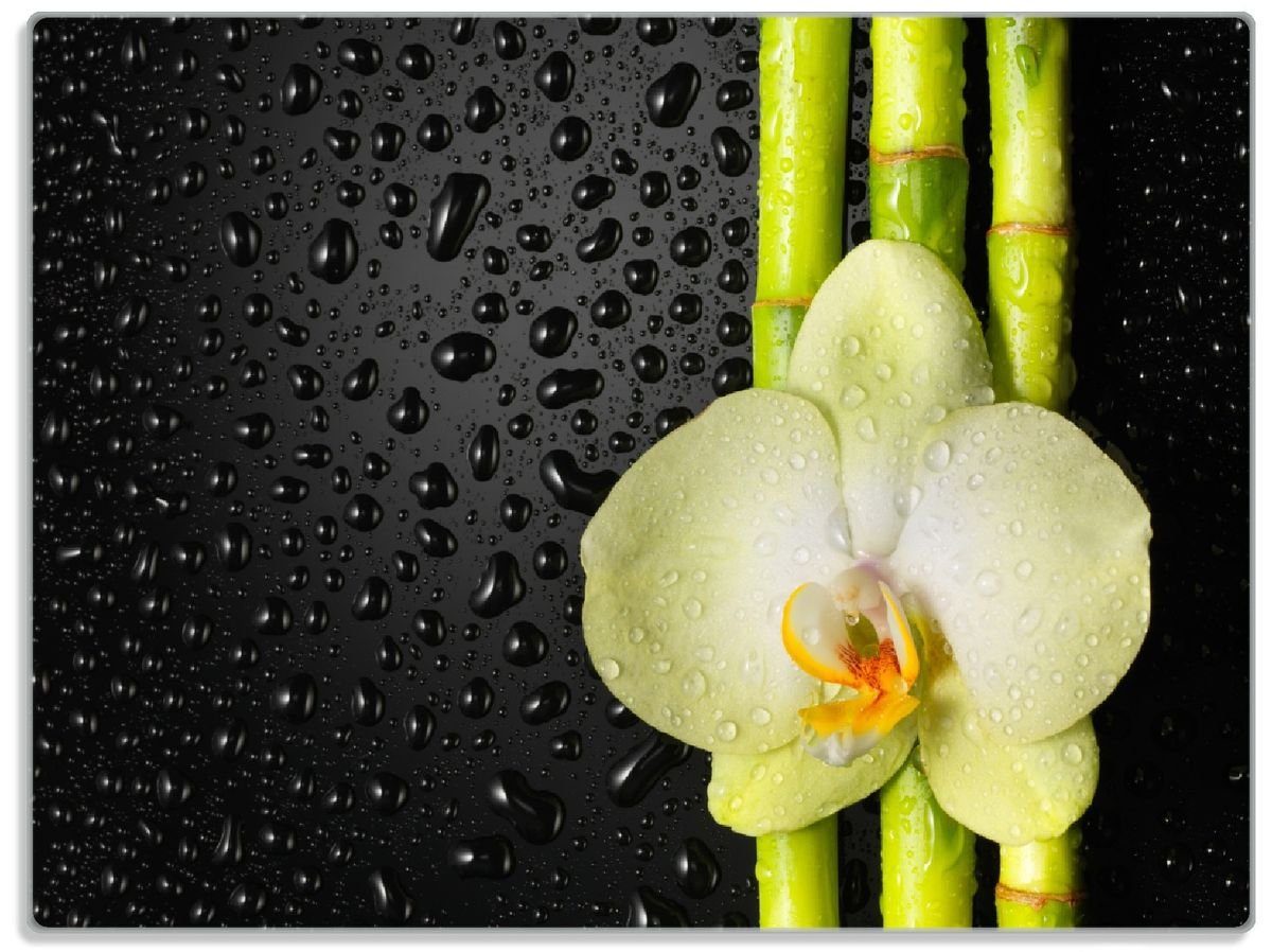 Wallario Schneidebrett Grüne Orchidee mit Bambus auf schwarz - Regentropfen, ESG-Sicherheitsglas, (inkl. rutschfester Gummifüße 4mm, 1-St), 30x40cm