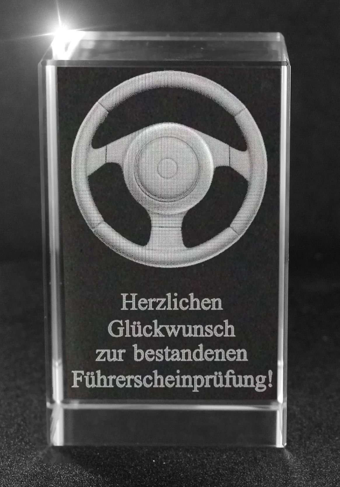 VIP-LASER Dekofigur 3D Glasquader Motiv: Lenkrad Herzlichen Glückwunsch zur bestanden, Hochwertige Geschenkbox, Made in Germany, Familienbetrieb