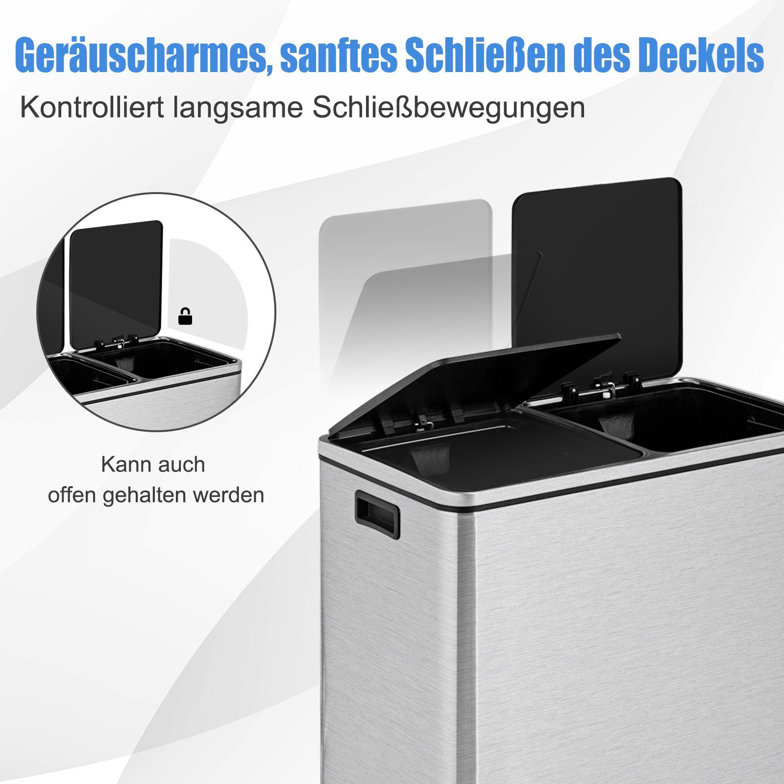 x mit Griff, Küche Deckel Metall Mülleimer, COSTWAY Fächern & 30L, 60L, aus 2