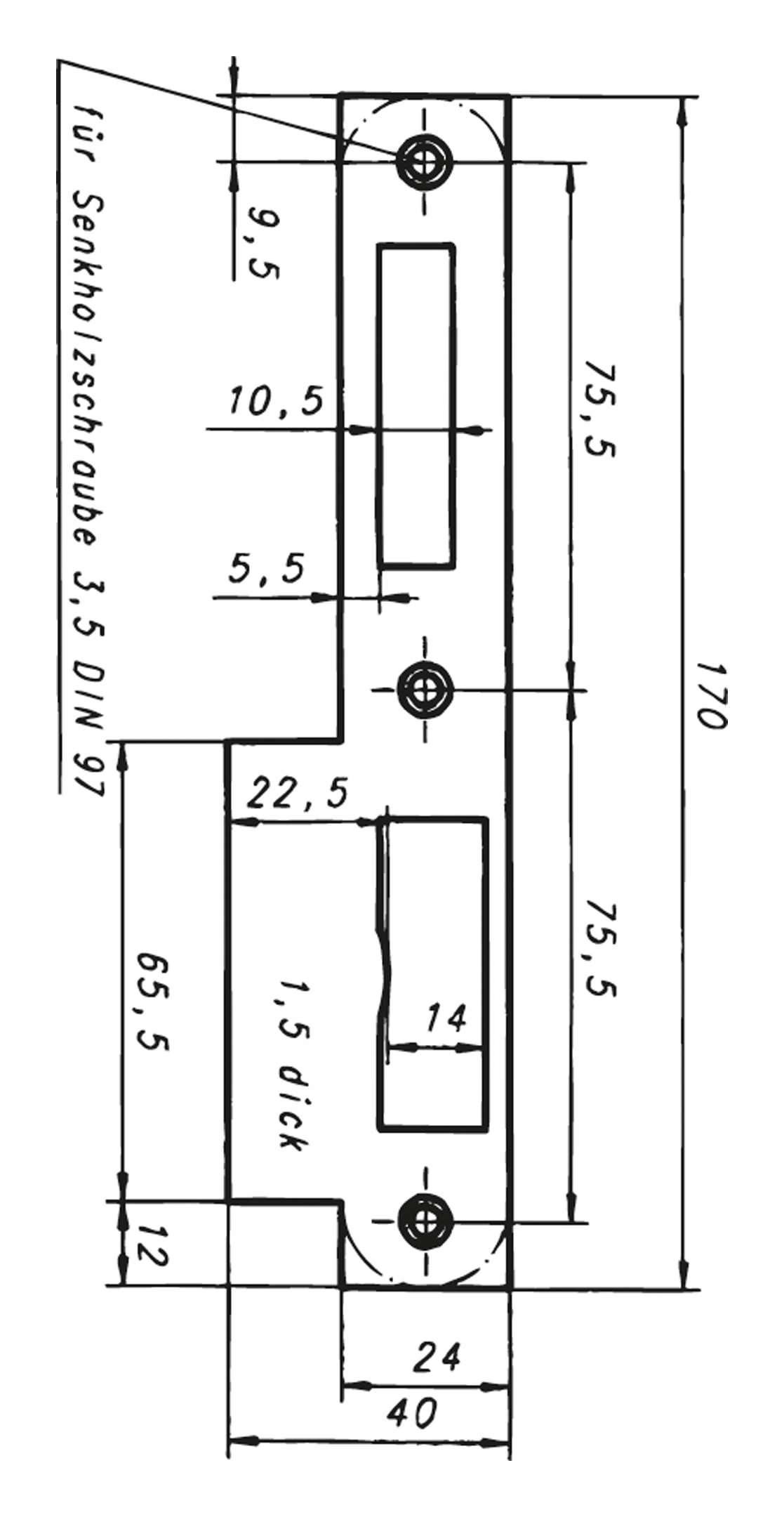 Thumbnail - Sächsische Schlossfabrik Einsteckschloss, Lappenschliessblech 170 mm DIN Links 24 mm rund Edelstahl