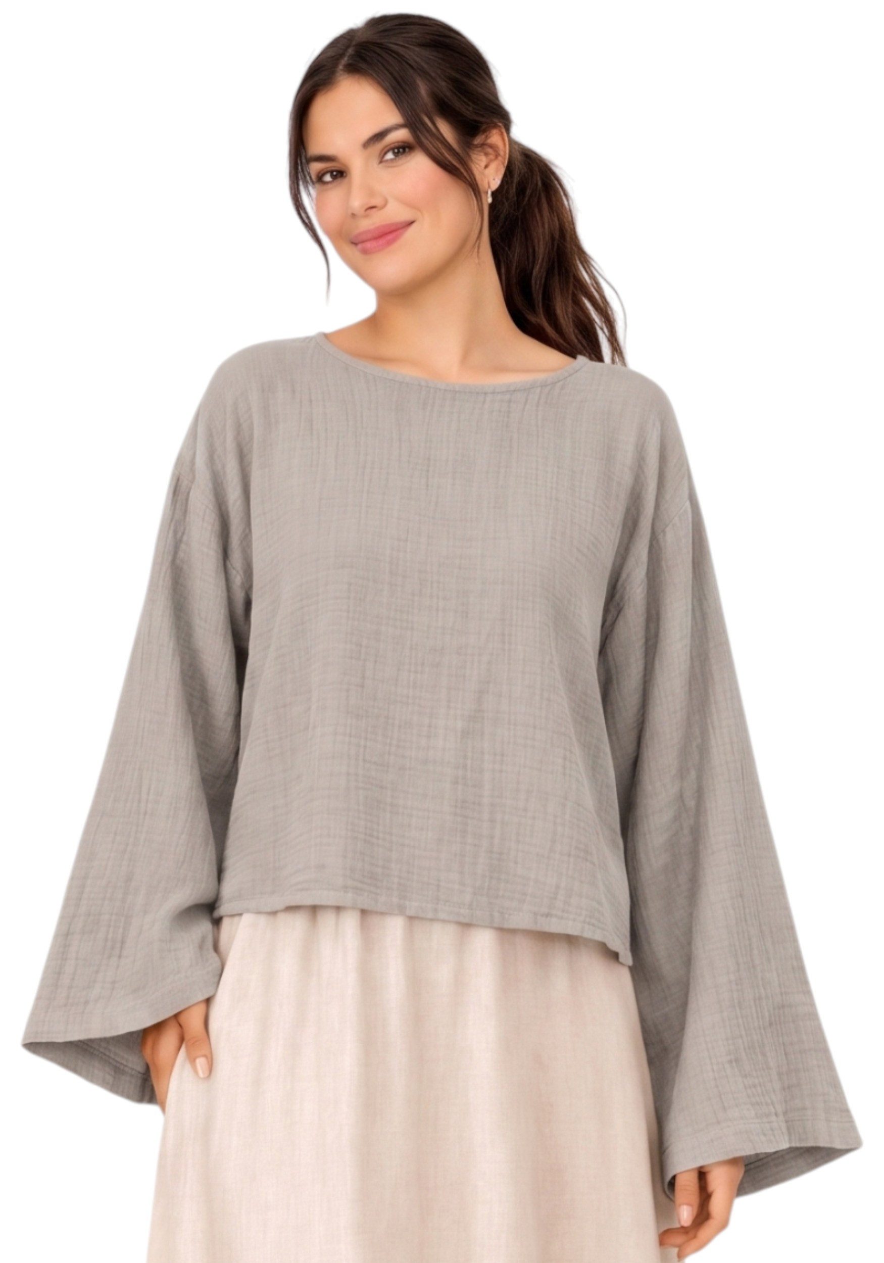 WENOR Schlupfbluse Damen Musselin Einheitsgröße – Oversize Sommerbluse 36-40 weite Fledermausärmel, luftig & locker – Baumwoll-Layering Sommerbluse