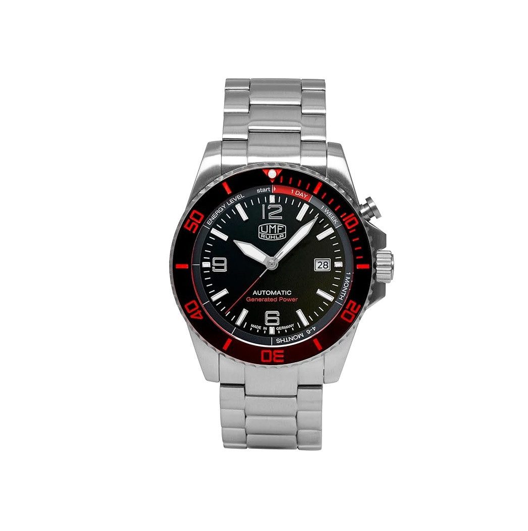 UMF Ruhla Kineticuhr 1072M-2, Autokinetic Herrenuhr - Schwarz, mit schwarz/roter Lünette - Made in Germany