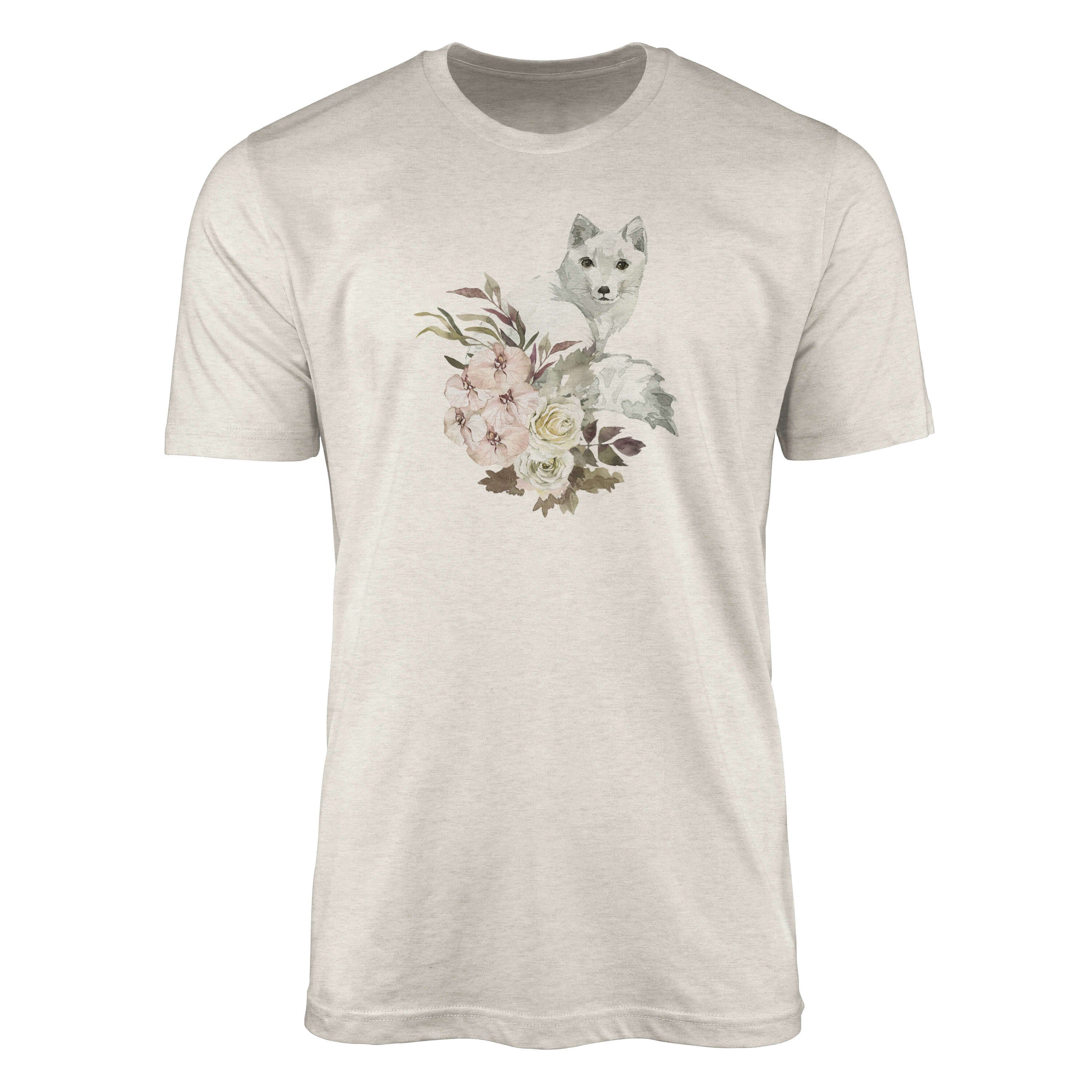 Sinus Art T-Shirt Herren Shirt 100% gekämmte Bio-Baumwolle T-Shirt Aquarell Polarfuchs Blumen Motiv Nachhaltig Ökomod (1-tlg)