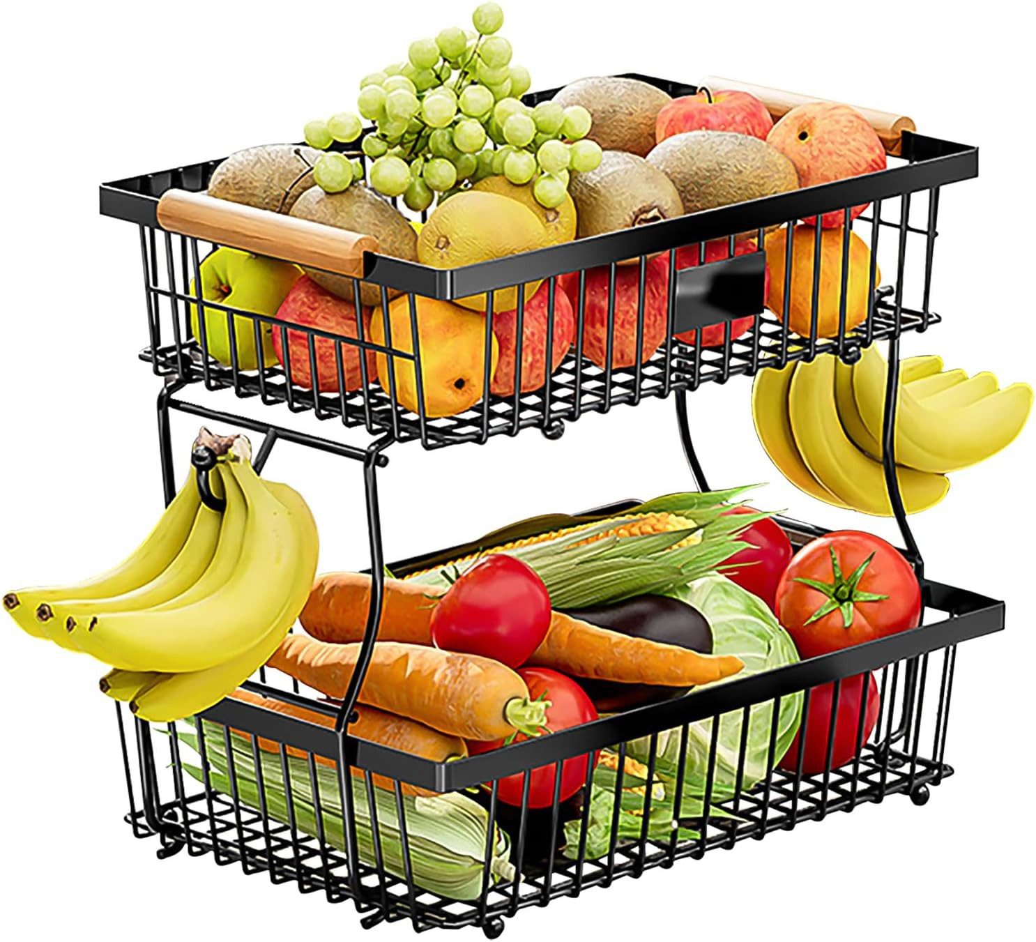 Refined Living Obstschale 2 Etagen, Arbeitsplattenregal für die Küche, Gemüseregal,mit Holzgriff, Rostfreies, Kohlenstoffstahl, (Fruchtkorb mit 2 Bananenaufhängern, Küchenaufbewahrung,Frühstücksständer, BPA-freier Beschichtung, Abnehmbare Körbe,2-Etagen-Design,rutschfeste Basis,Multifunktionales Aufbewahrungssystem,für Küche, Badezimmer, Zuhause, 1-tlg), extra große Kapazität für Brot, Snacks, Obst, Gemüse, Kosmetika usw.