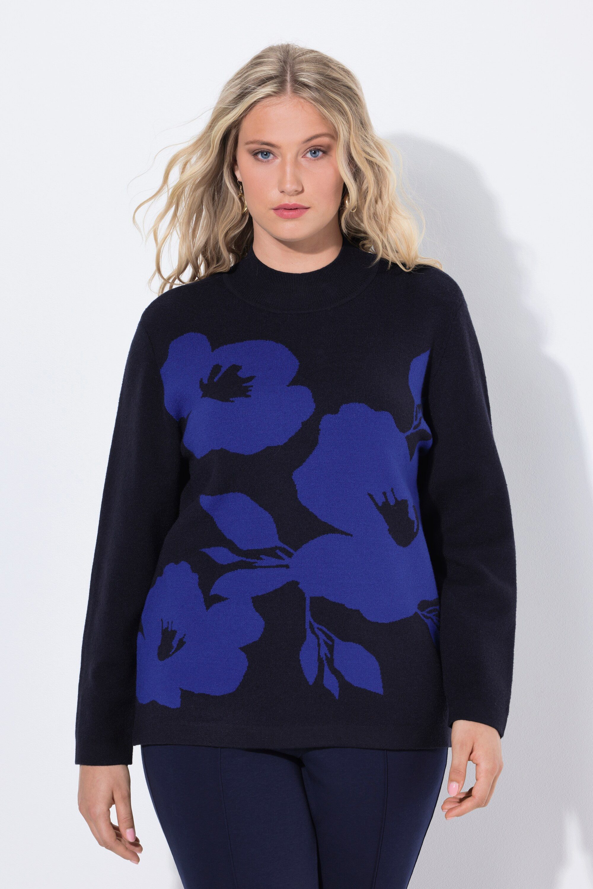 Ulla Popken Strickpullover Pullover Blüten Oversized Stehkragen Langarm günstig online kaufen