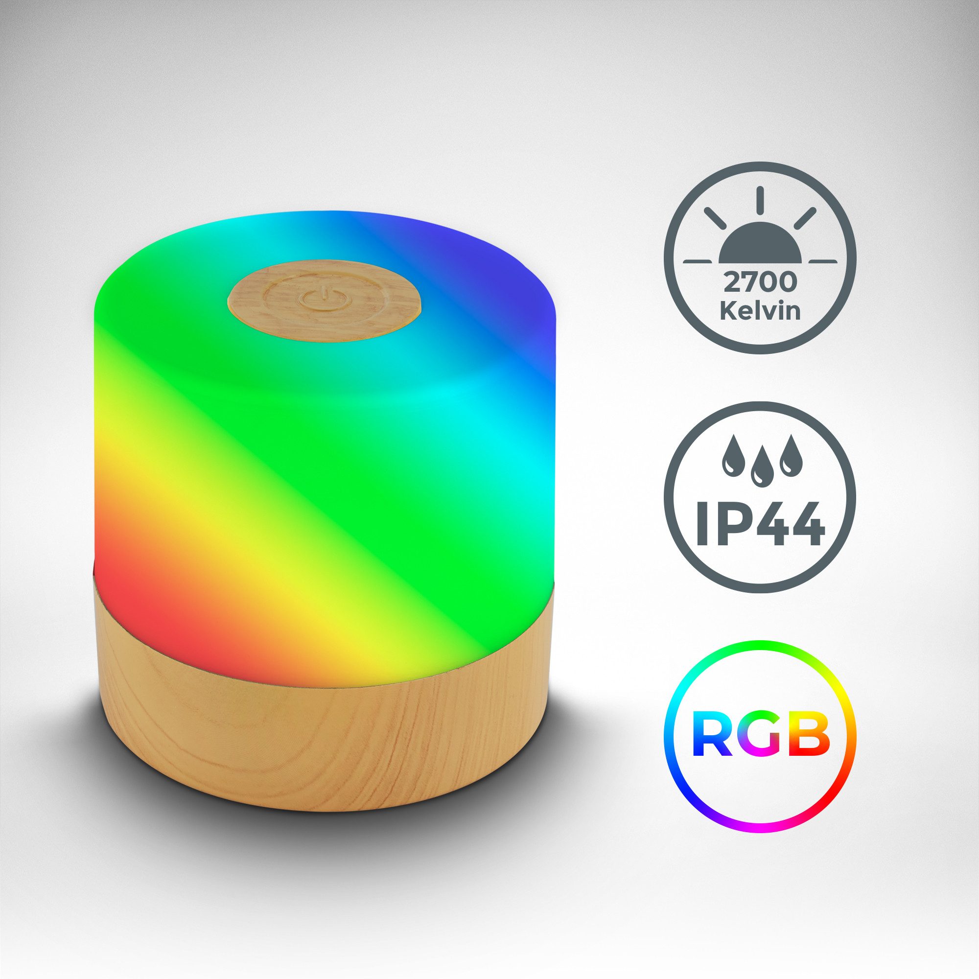 B.K.Licht Außen-Tischleuchte BKL1591 Kabellose RGB Tischlampe, 4-Stufen Dimmer, mit USB, Farbwechsel, LED fest integriert, Extra-Warmweiß, 2.700 K, 200 Lm, 2,5W, IP44, nicht dimmbar, 7x7cm, Holzfarben