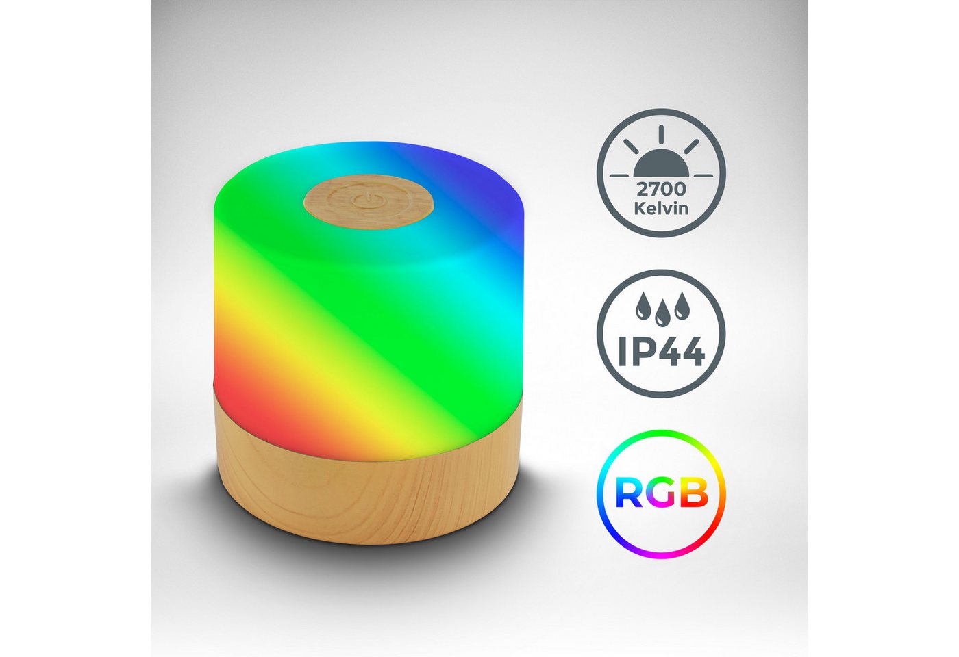 B.K.Licht Außen-Tischleuchte BKL1591 Kabellose RGB Tischlampe, 4-Stufen Dimmer, mit USB, Farbwechsel, LED fest integriert, Extra-Warmweiß, 2.700 K, 200 Lm, 2,5W, IP44, nicht dimmbar, 7x7cm, Holzfarben