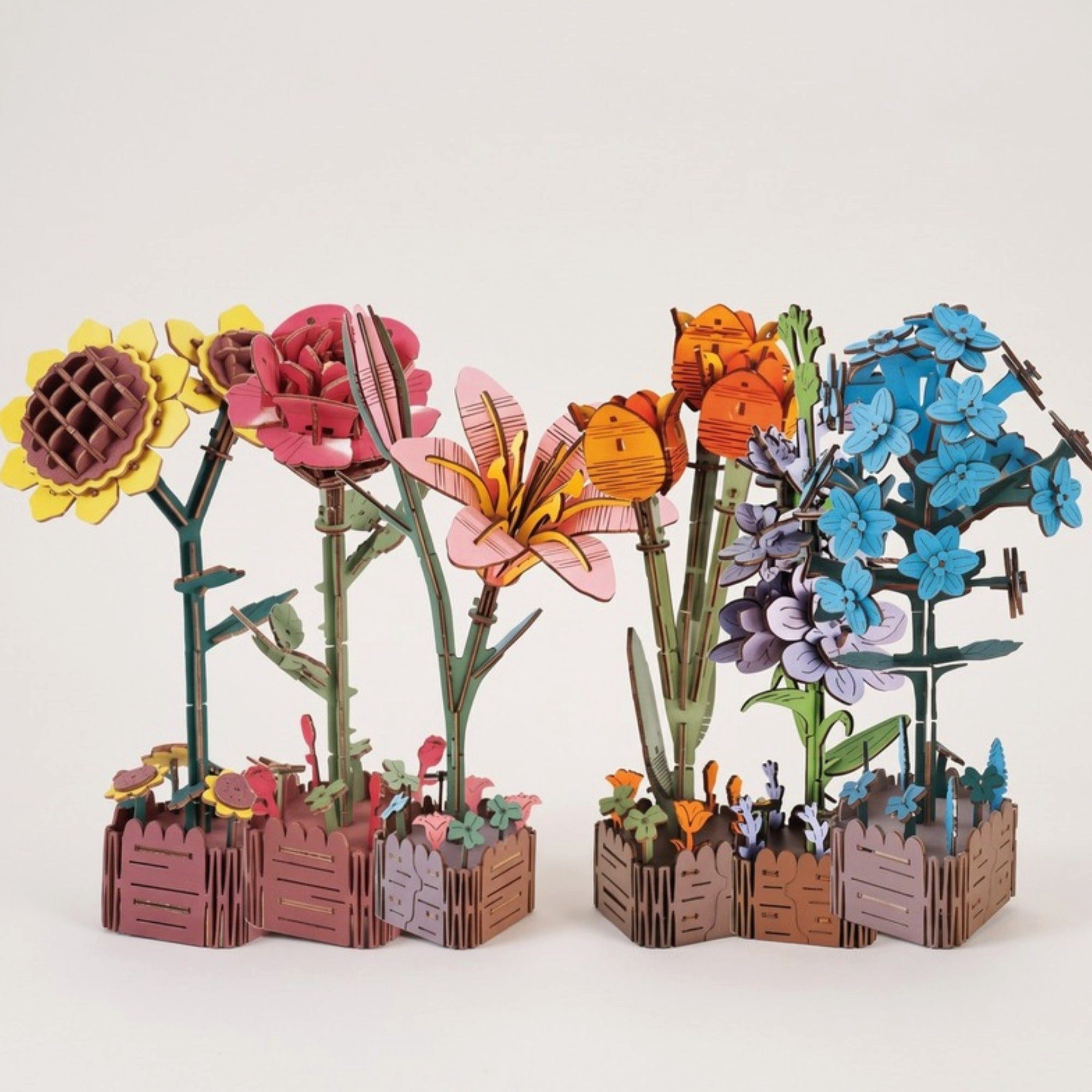 MagicHolz 3D-Puzzle Holzblumen Garten-Set 6 ewige Blumen aus Holz, 524 Puzzleteile