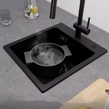 CECIPA Küchenspüle Quarzspüle Waschbecken aus schwarz Granit+ Seifenspender, 40*45cm, 40/18.5 cm, stark und robust, Granitspüle