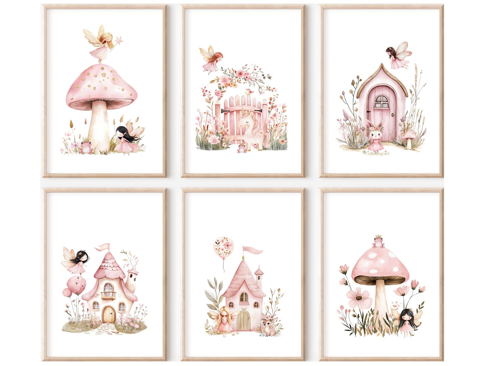 homestyle-accessoires Poster Kinderzimmer Bilderwand 6erSet Bilderset Babyzimmer 'Feenwald', Hochformat, Künstlerpapier, ohne Rahmen