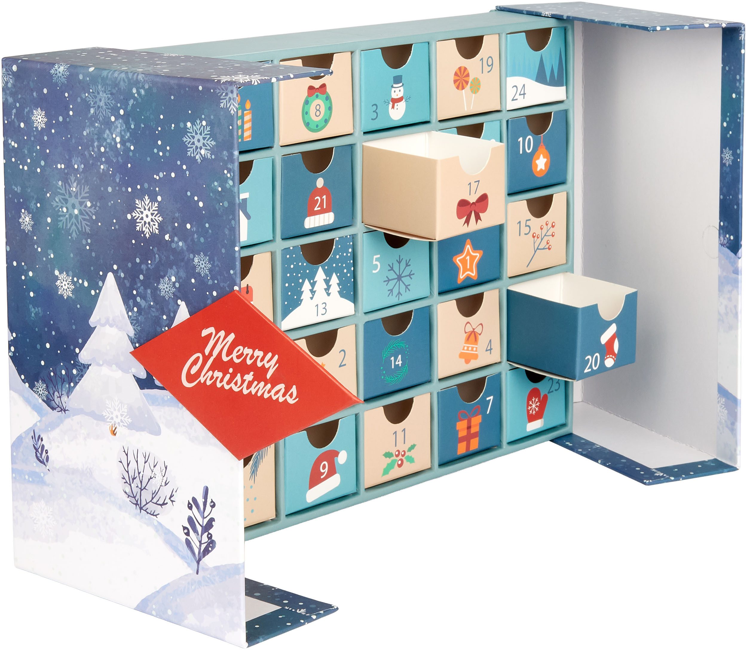 BRUBAKER befüllbarer Adventskalender Adventskalender zum Befüllen 2025 - Weihnachtskalender zum Aufklappen (für Gutscheine und Süßigkeiten - 27 cm groß aus Pappe, 1-tlg), DIY Kalender zum Aufklappen mit 24 Türchen - Blau