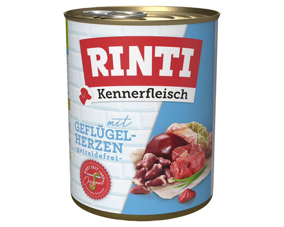 Rinti Kennerfleisch mit Geflügelherzen 800 g - 12 Stück, Nassfutter für: Hund
