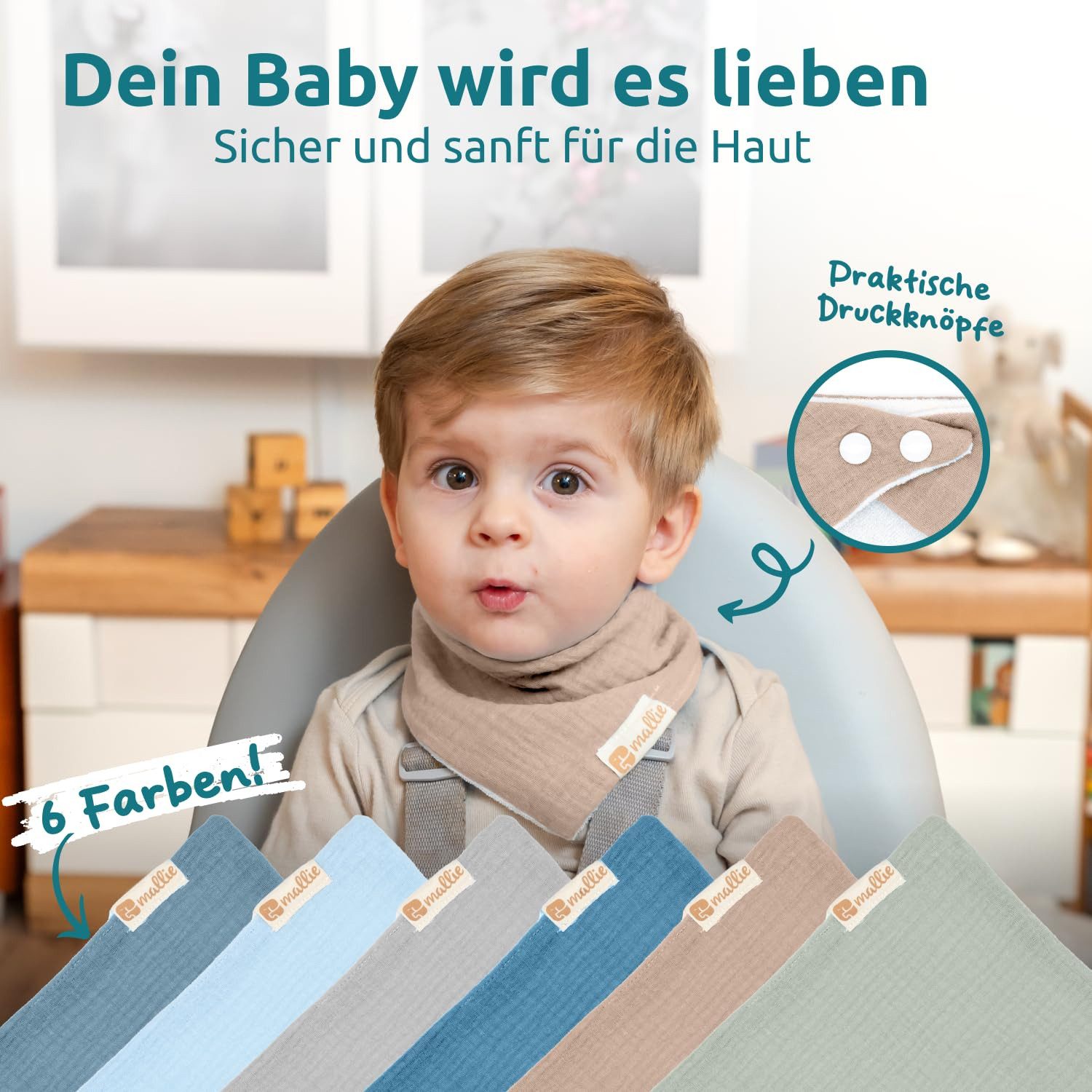 Mallie Lätzchen Musselin Lätzchen Baby im 6er oder 8er Set, (Als Bibs, Dreieckstuch Baby, Baby Lätzchen -, 6-St., Musselin Halstuch Baby, Musselintücher Baby und Babylätzchen), Sabberlätzchen Baby Halstücher Baby