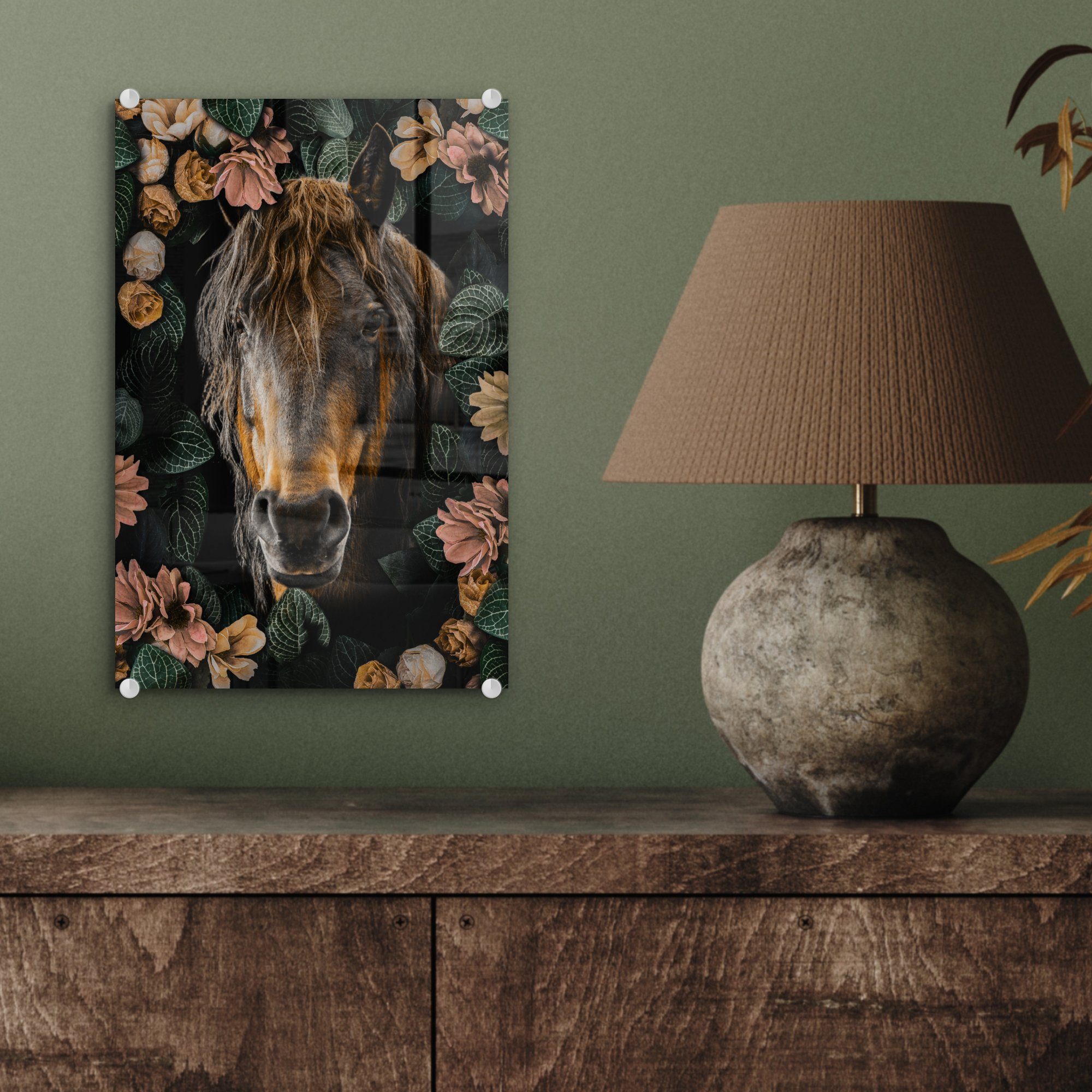 Foto Wandbild - auf - - Blätter, Glasbilder St), Acrylglasbild - MuchoWow Pferd Blumen bunt Glas Wanddekoration - Bilder Glas auf (1