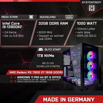SYSTEMTREFF Gaming-PC-Komplettsystem (27", Intel Core i9 13900KF, Radeon RX 7800 XT, 32 GB RAM, 1000 GB SSD, Windows 11, WLAN)