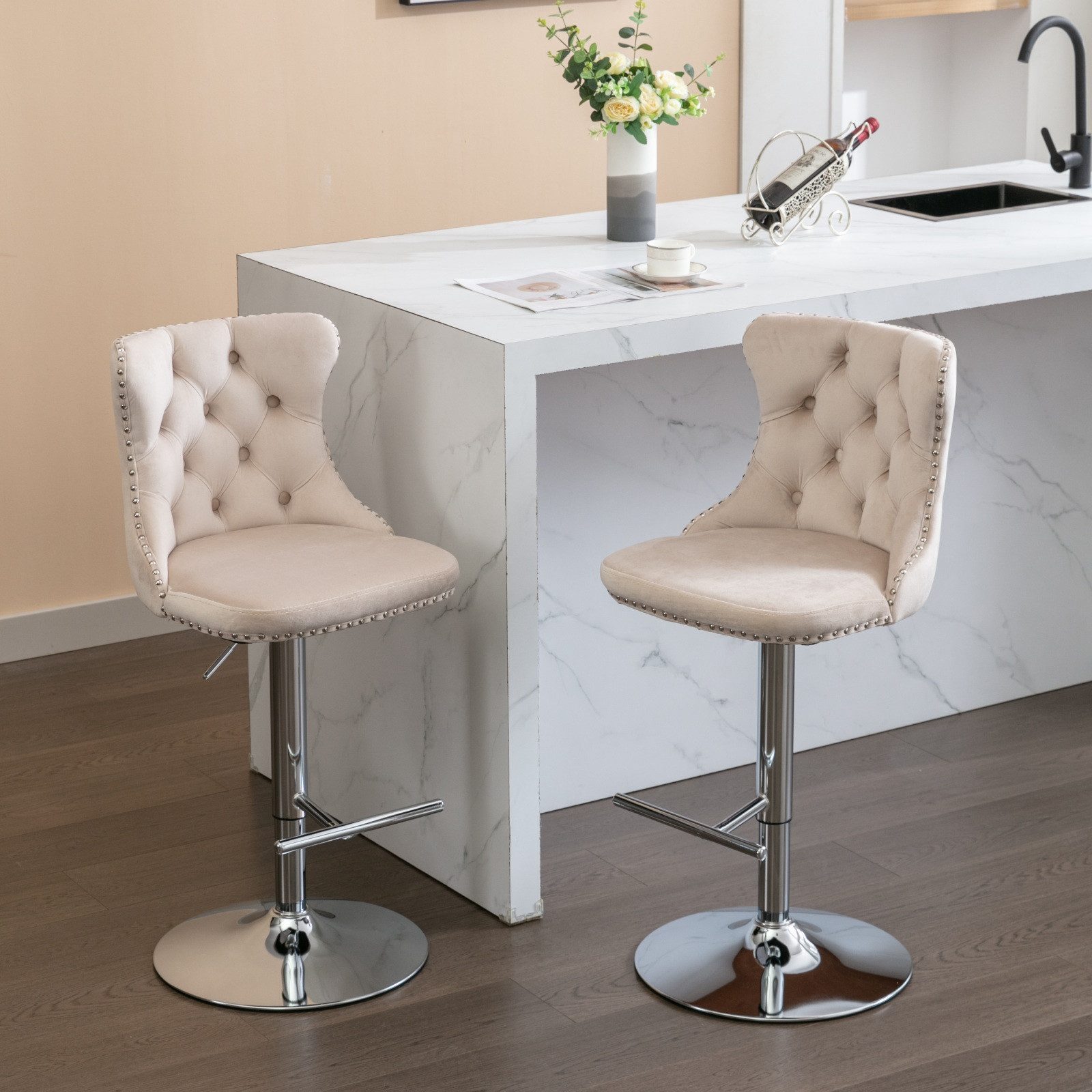 IDEASY Barhocker Samt-Barhocker 2er Set höhenverstellbar 360° drehbar Chrom Kücheninsel
