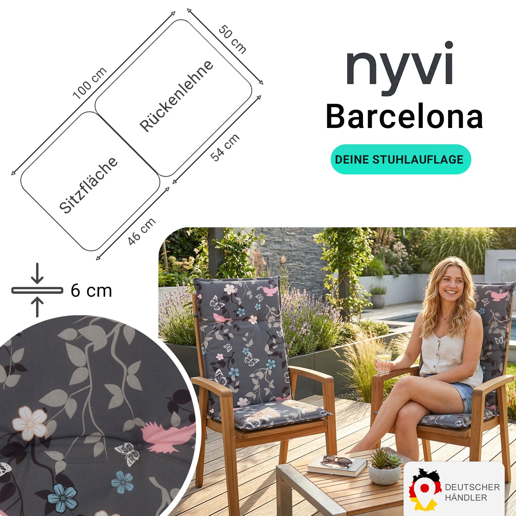 NYVI Sitzauflage Niedriglehner Auflagen 2er Set Barcelona Gartenstuhlauflagen 100x50cm, (2 St), Niederlehner Stuhlauflage Sitzauflage mit Halteband Blumen Floral