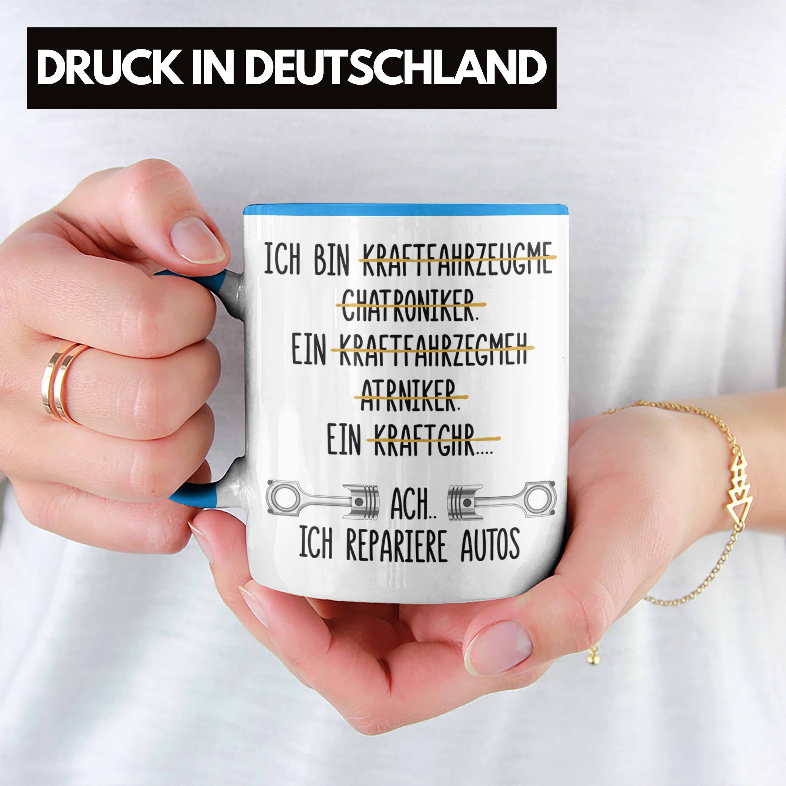 Trendation Tasse Trendation Kaffeetasse Automechaniker Mechaniker mit Spruch Lustig Tasse Blau Werkstatt Geschenkidee - Geschenk KFZ für