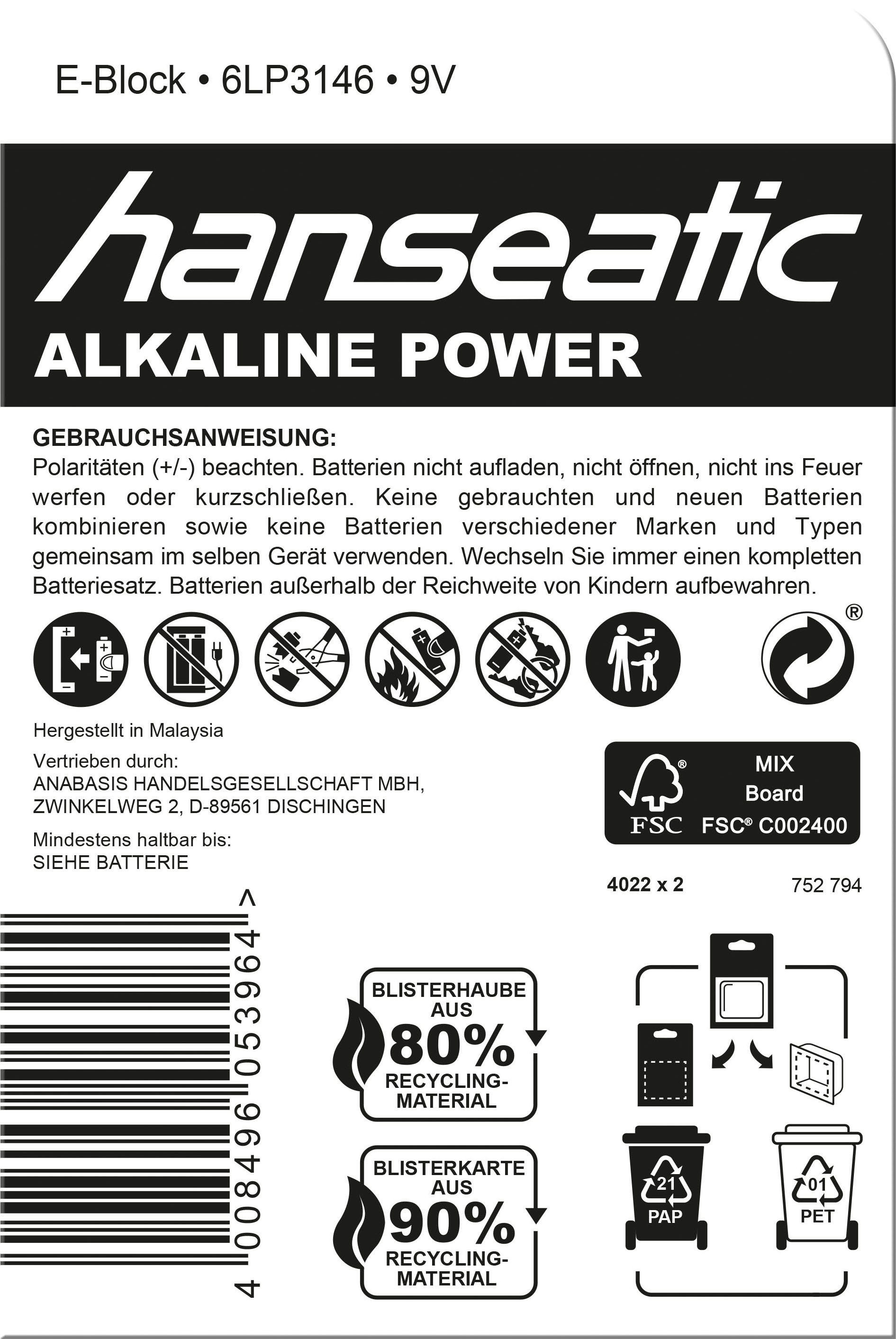 Hanseatic 10 Stück St) V, 10 E-Block Batterie, Alkaline (9