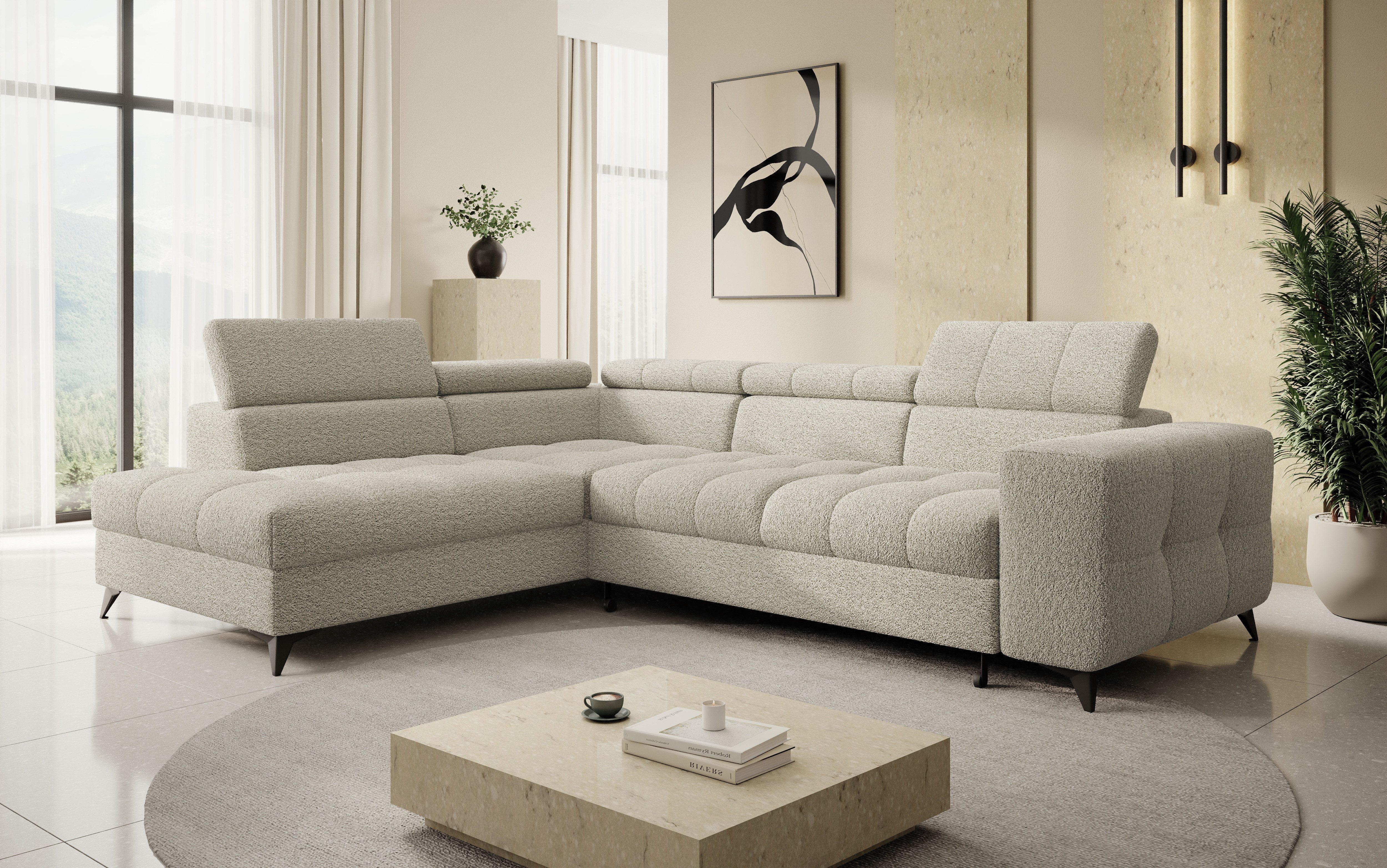 thematys Ecksofa SORANO mit Schlaffunktion & Bettkasten – L-Form, Bouclé und Velours, - mit verstellbaren Kopfstützen, – L-Form 270×203 cm – Schlafsofa mit Auszug, – L-Form 270×203 cm – Schlafsofa mit Auszug